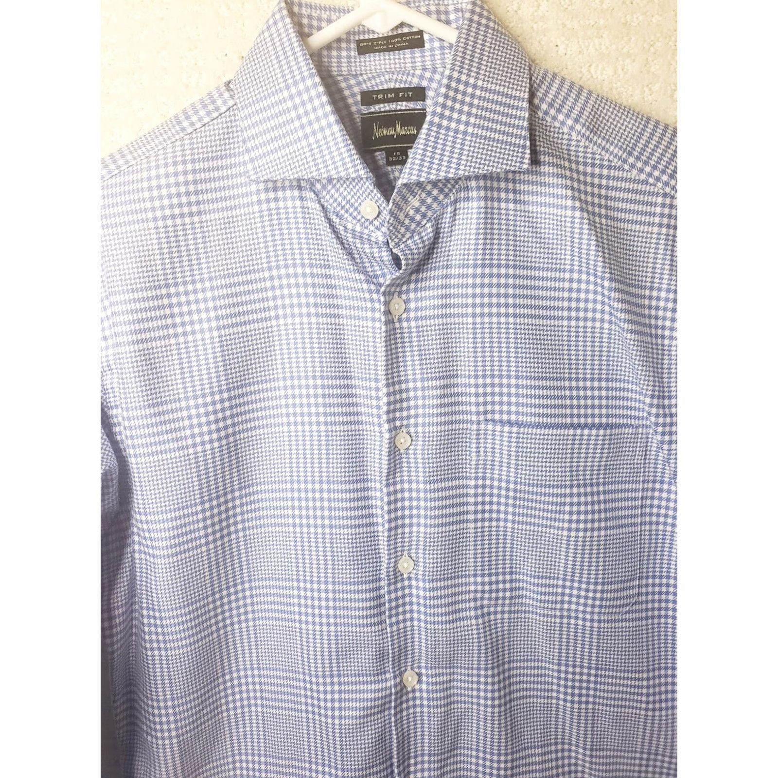 Neiman Marcus Neiman Marcus Shirt Mens 15 x 32/33 Light Blue White Plaid Trim Fit Long Sleeve Button Up 2Ply Dress Shirt Mens Shirts Size US M / EU 48-50 / 2 - 3 Thumbnail