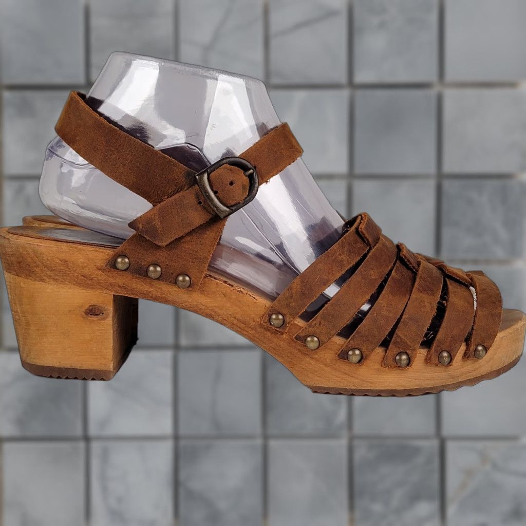 Vintage VINTAGE Sanita Silo Clog Sandal Women 39 Brown Leather Open Toe Buckle Mid Wood Arch Support Slip Resistant The Original Danish Clog Womens Size US 7.5 / IT 37.5 - 1 Thumbnail