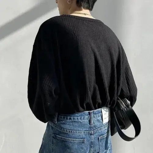 Japanese Brand Korean fashion grey U neck long sleeve waffle top Size US M / EU 48-50 / 2 - 2 Thumbnail