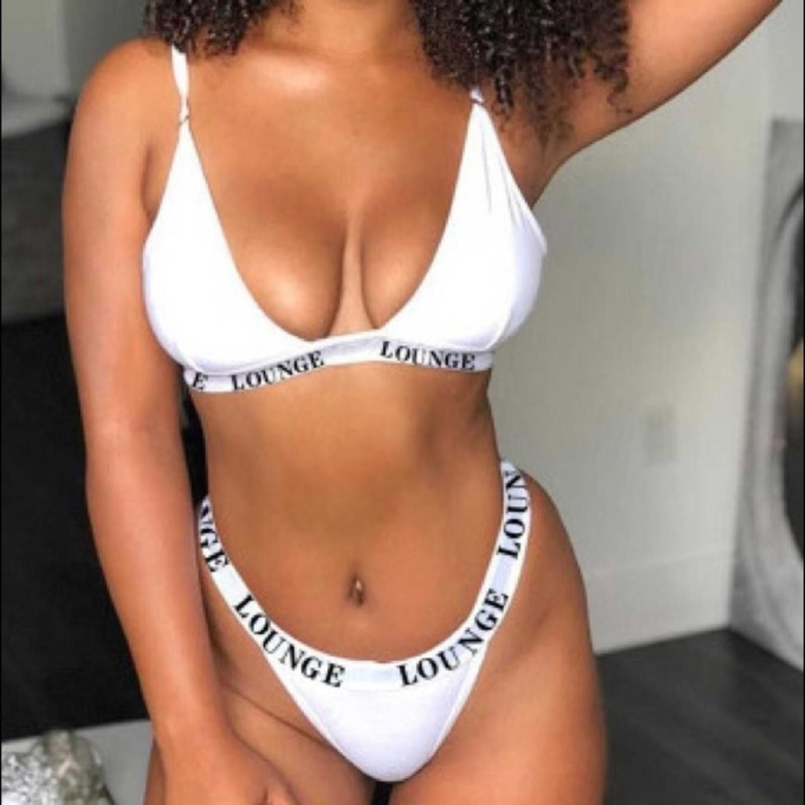 Designer Thong And Bra Lounge Set White NWT Size ONE SIZE - 4 Thumbnail