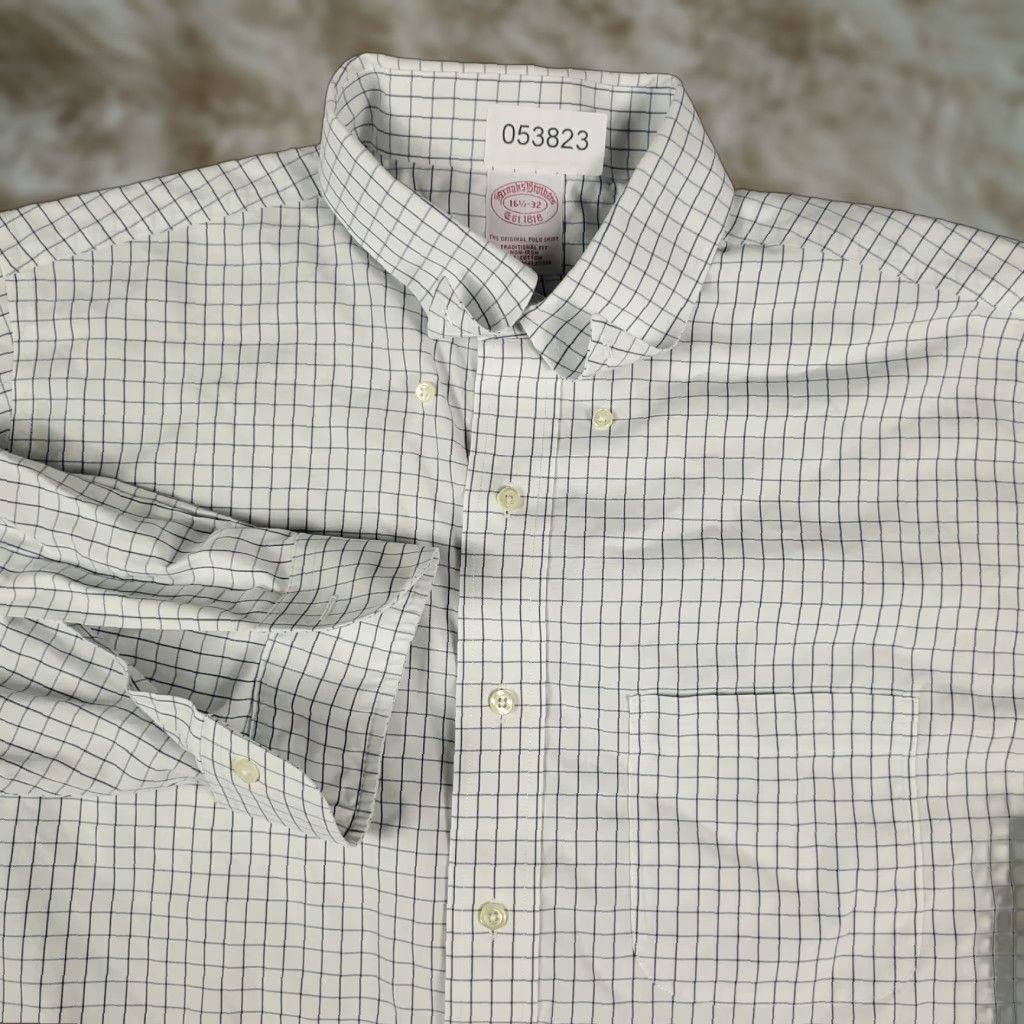 Brooks Brothers Brooks Brothers Shirt Mens 16.5 White Blue Check Dress Button Up Long Sleeve Size 42R - 1 Thumbnail
