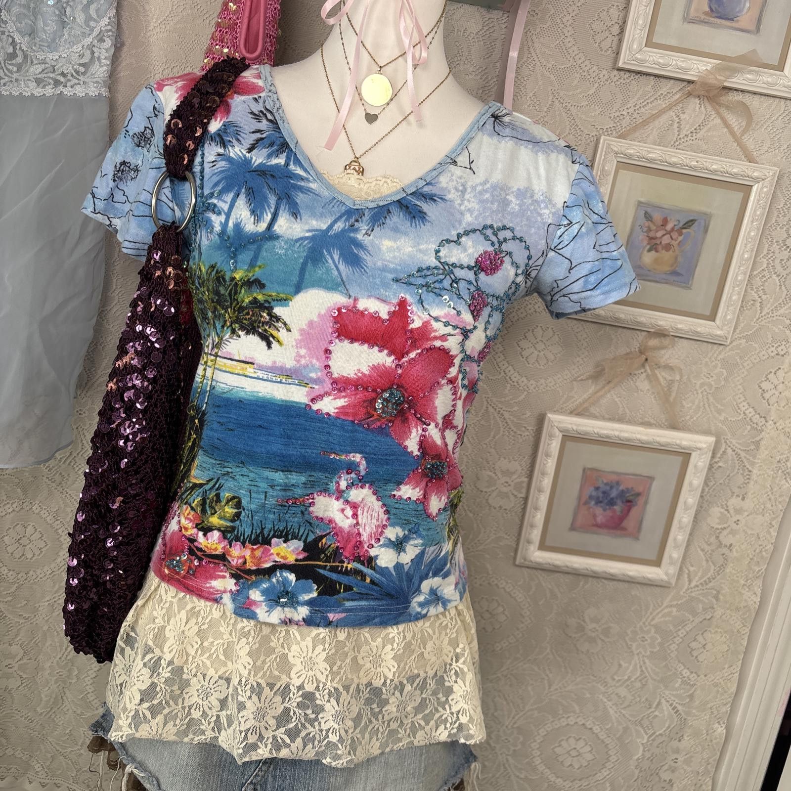Other y2k vintage beaded floral baby tee Size M / US 6-8 / IT 42-44 - 4 Thumbnail