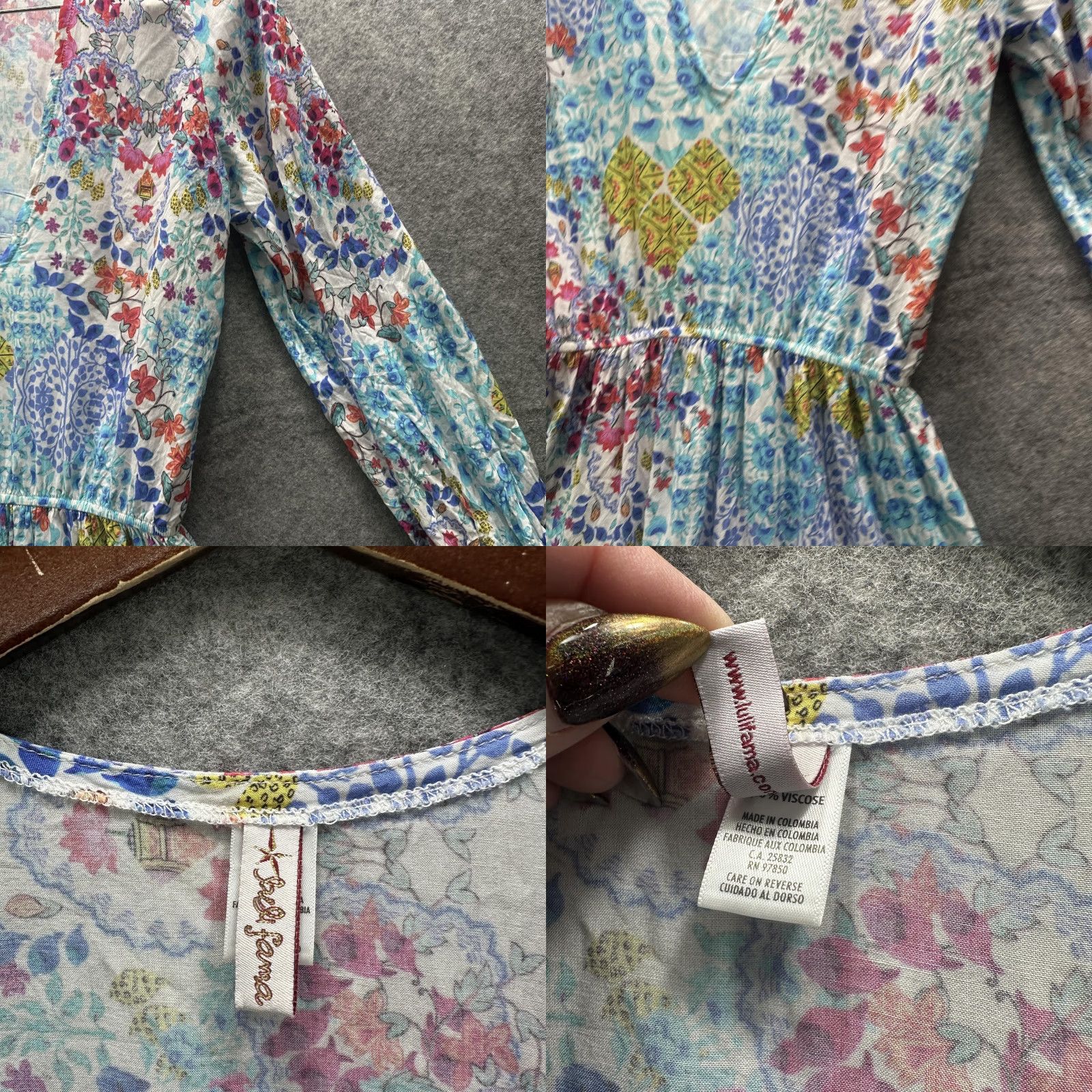 Vintage Luli Fama Dress Womens M Blue Floral Boho Ruffle Hem Long Sleeve Mini Beach Size M / US 6-8 / IT 42-44 - 8 Thumbnail