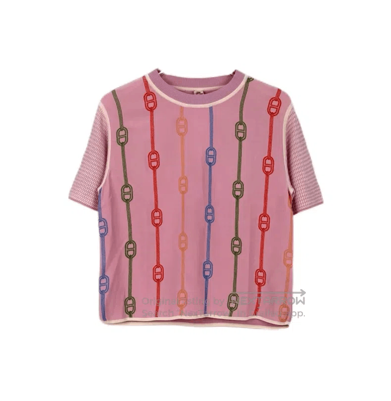Hermes Hermes Pink Embroidered Chain Pattern Knit Silk Short Slee Size XS / US 0-2 / IT 36-38 - 1 Thumbnail