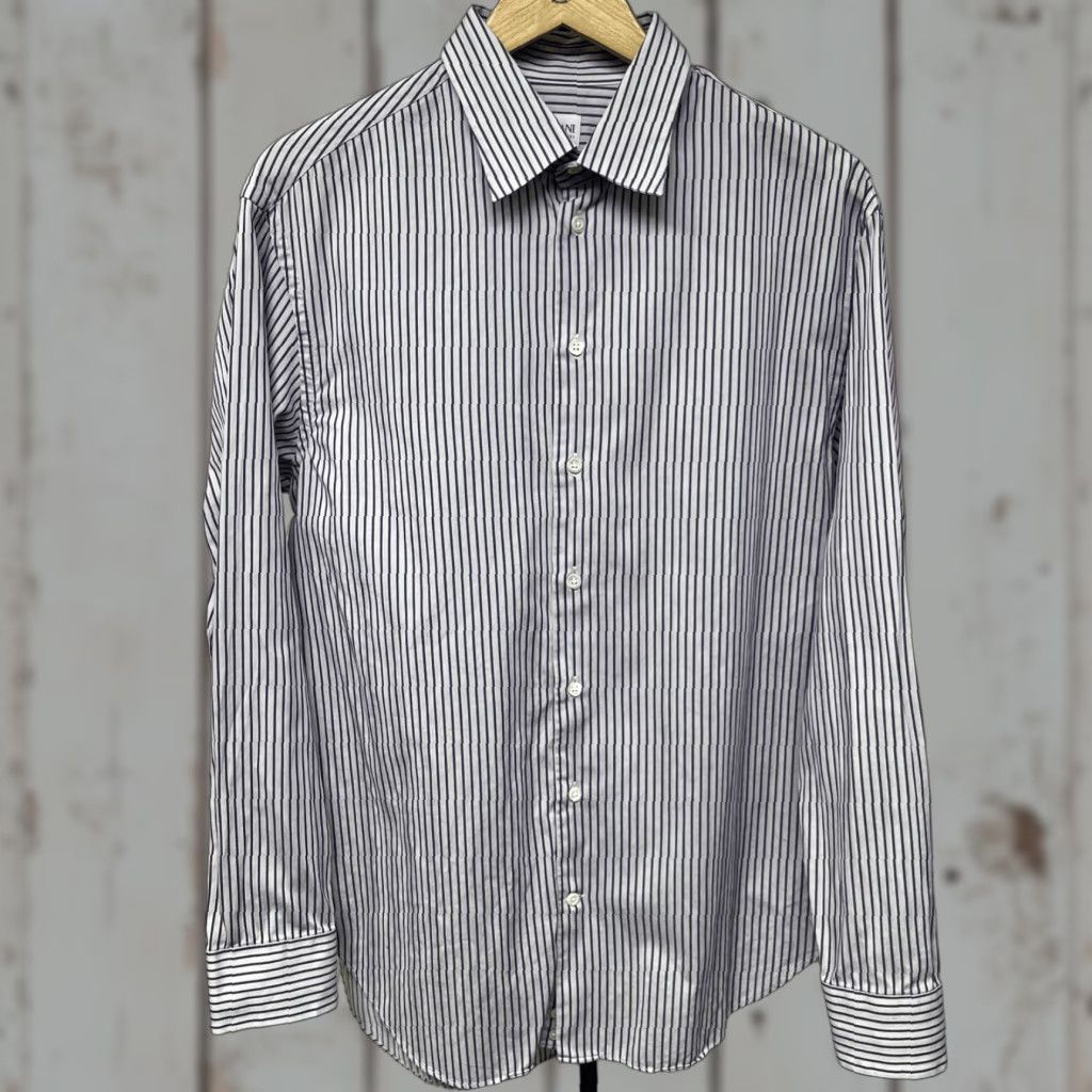 Armani Collezioni Casual Button-Up Shirt Cotton Purple Pinstriped Spread Collar Men L Regular Long Sleeve Shirt