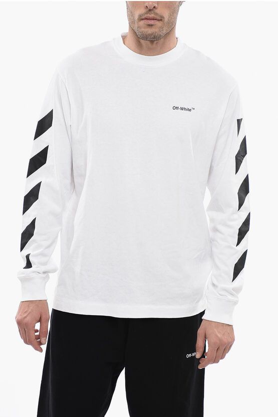 image of Off White Permanent Long Sleeve Diag Helvetica Skater T-Shirt in White, Men's (Size Small)