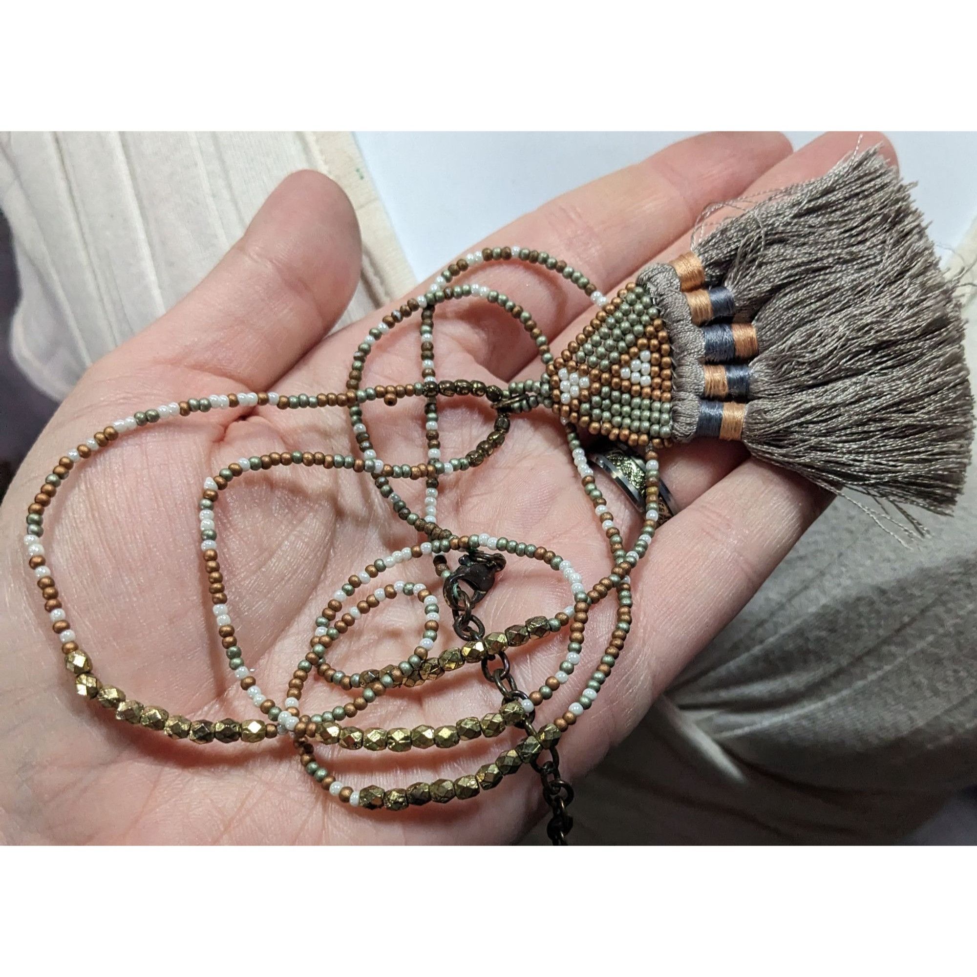 Other Handmade Boho Grey And Gold Tone Glass Beaded Thread Tassel Size ONE SIZE - 7 Thumbnail