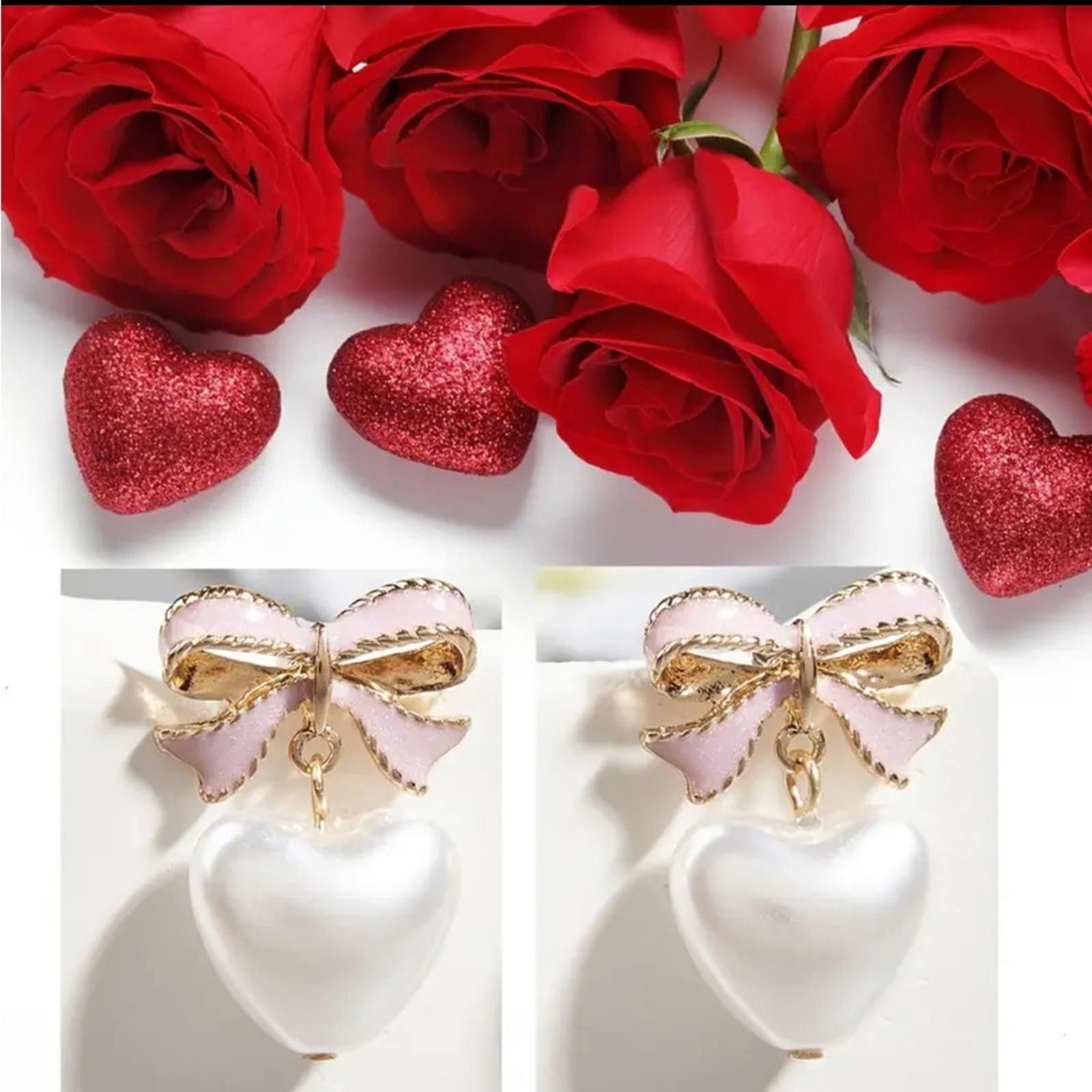 Designer Pink and Gold Pearl Bow Heart Earrings Dangle Stud Size ONE SIZE - 1 Thumbnail