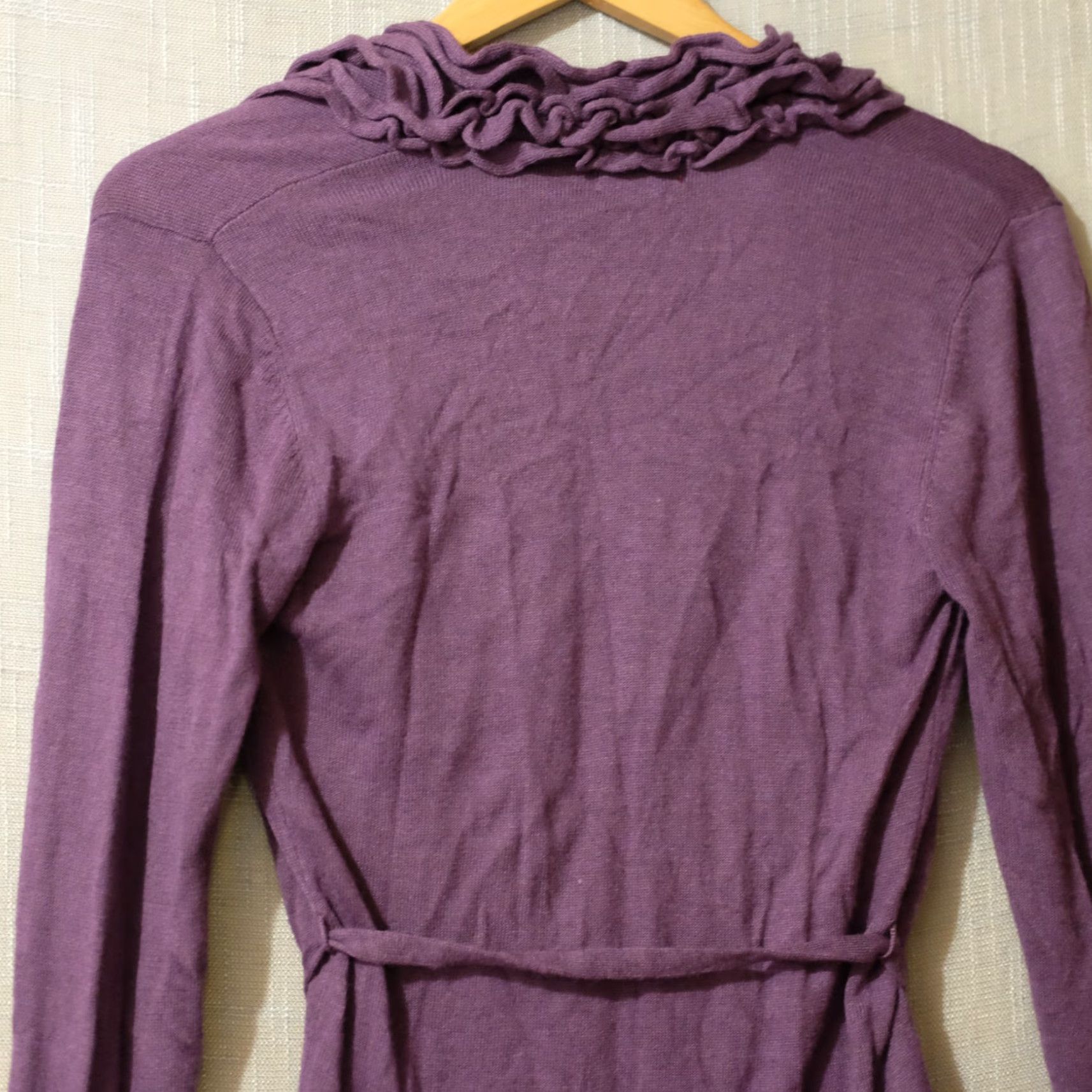 Merona VINTAGE Merona Cardigan Open Front Lightweight Womens M Purple Ruffle Trim Belted, Knit, Nylon/Rayon, Slim, Regular, Long Sleeve, Shirt? Size M / US 6-8 / IT 42-44 - 5 Thumbnail