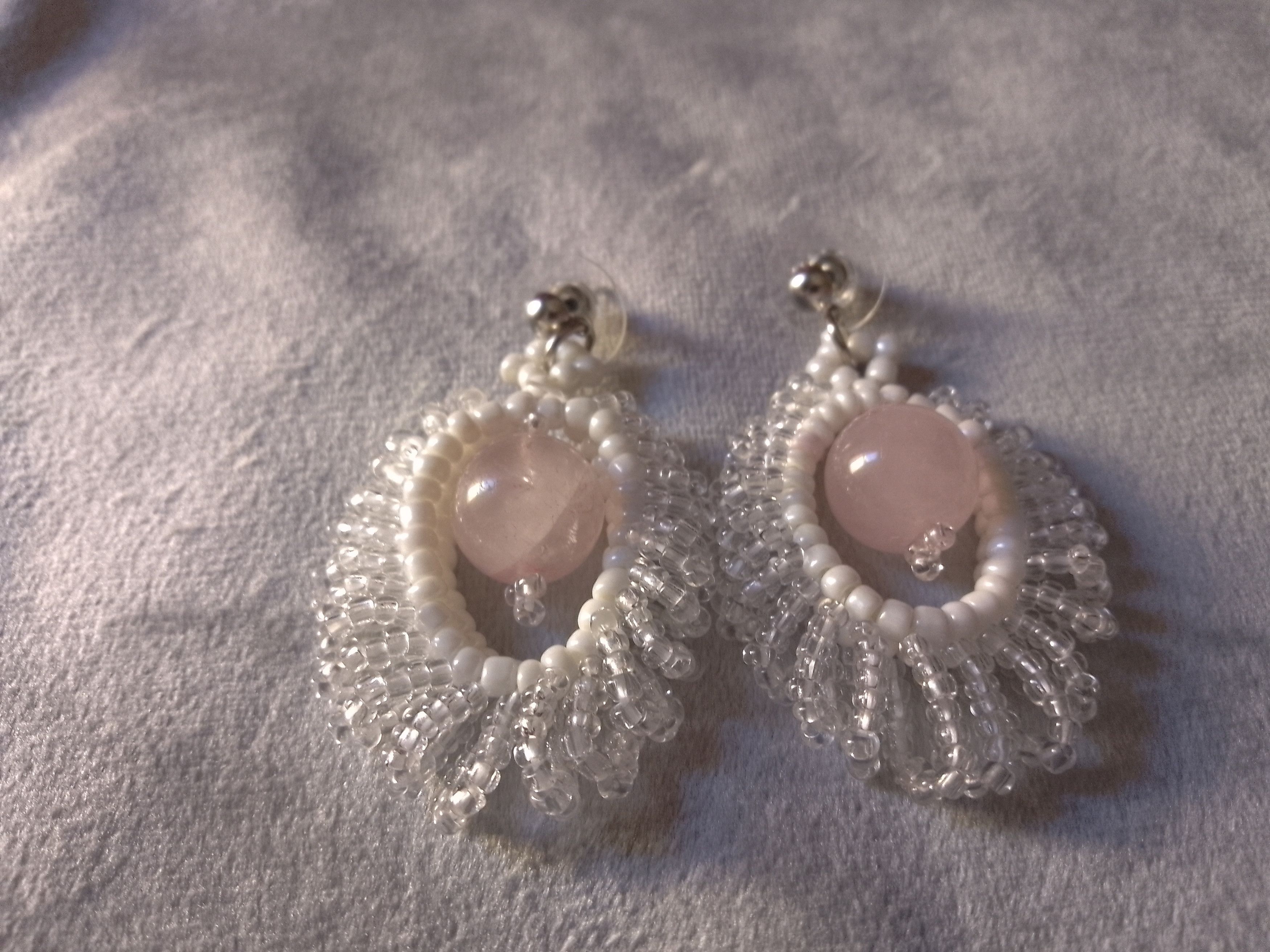 Handmade Earrings. Rose quartz. Glass beads. Circle shape. Elegant Size ONE SIZE - 2 Thumbnail
