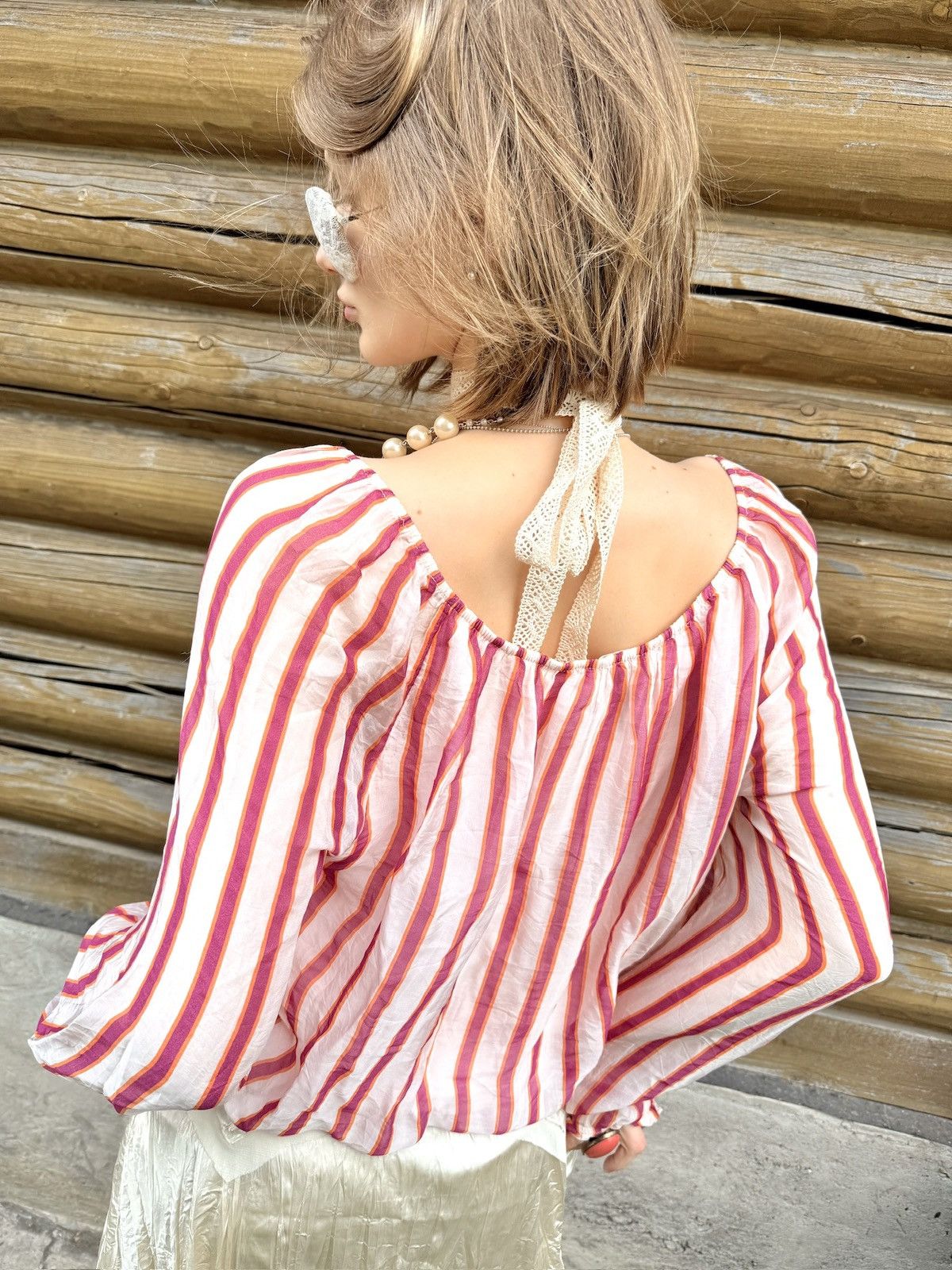 Vintage Vintage Silk pink striped off the shoulder blouse Size S / US 4 / IT 40 - 6 Thumbnail