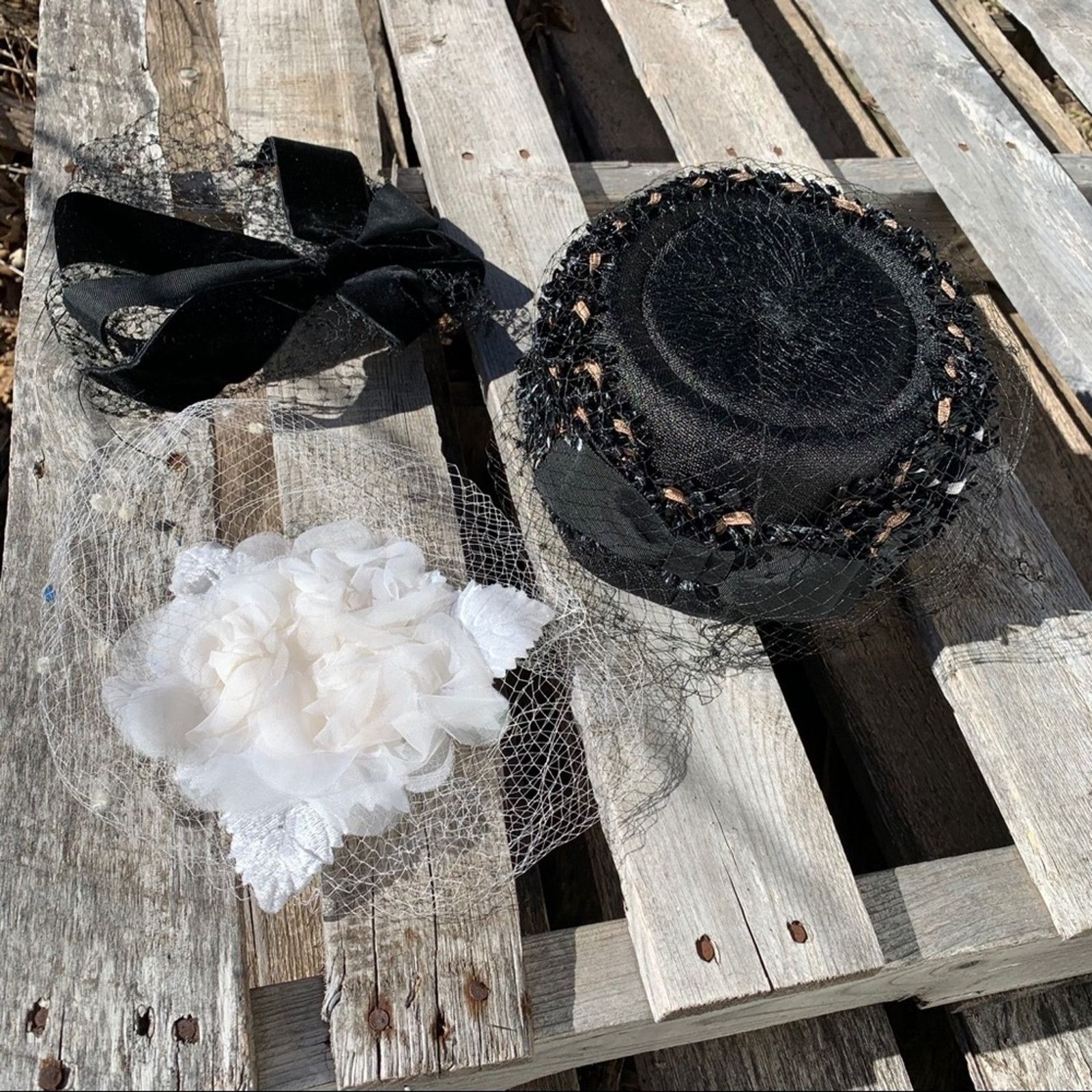 image of Vintage Pillbox Netting Hat Set Of 3 Union Made in Black, Men's