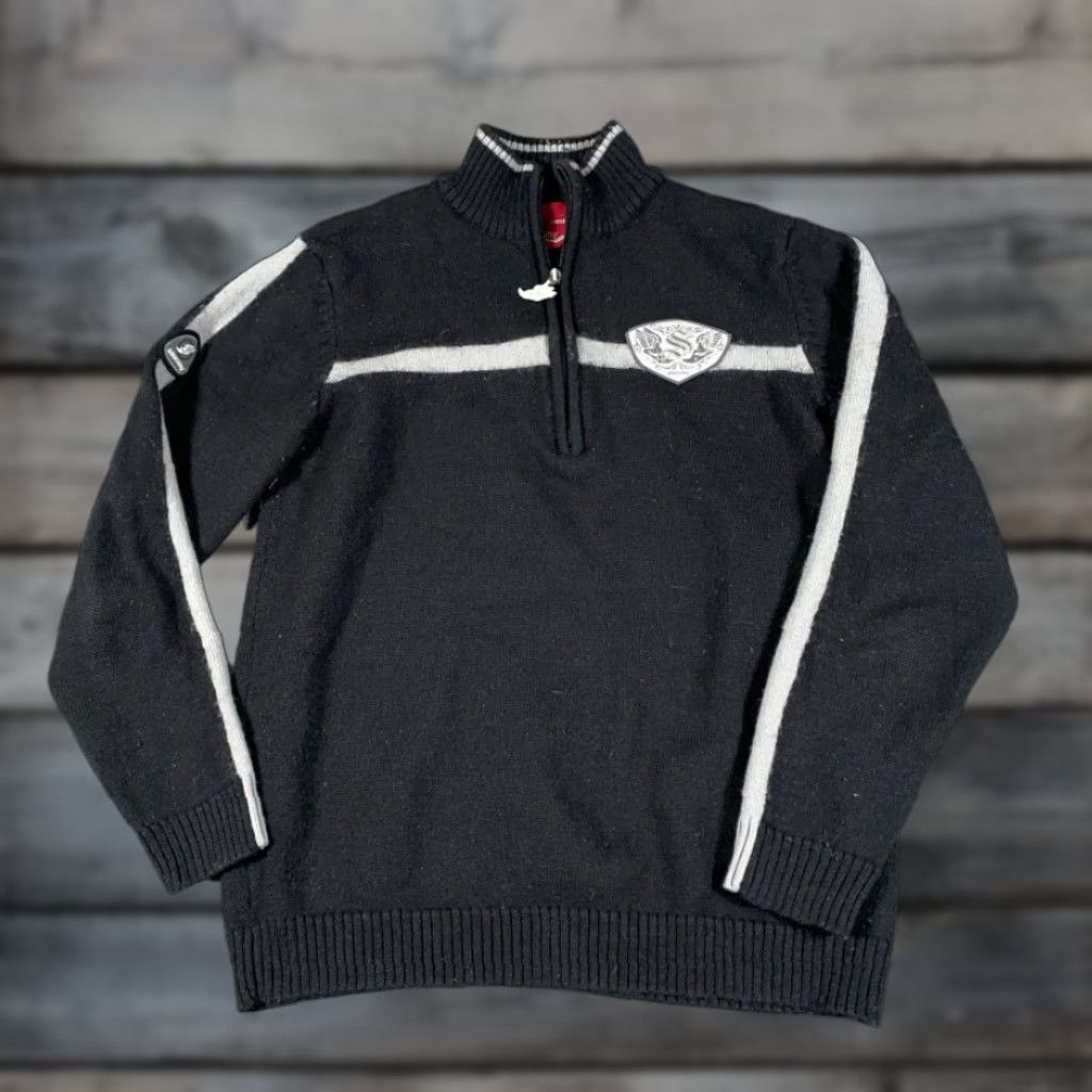 Saucony Saucony 1/4 Zip Sweater Women's Large Black Gray Wool Acrylic Casual Retro Size L / US 10 / IT 46 - 1 Thumbnail