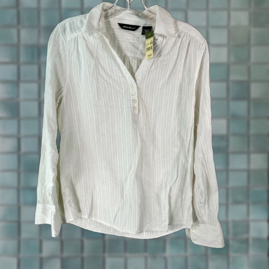 Eddie Bauer Eddie Bauer Women's White Striped Roll Tab Sleeve Blouse Size XS - Casual Cotton Shirt Size XS / US 0-2 / IT 36-38 - 1 Thumbnail