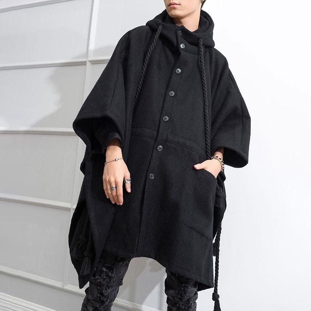 image of Dark Style Mid Length Casual Hooded Cape in Black, Men's (Size XL)