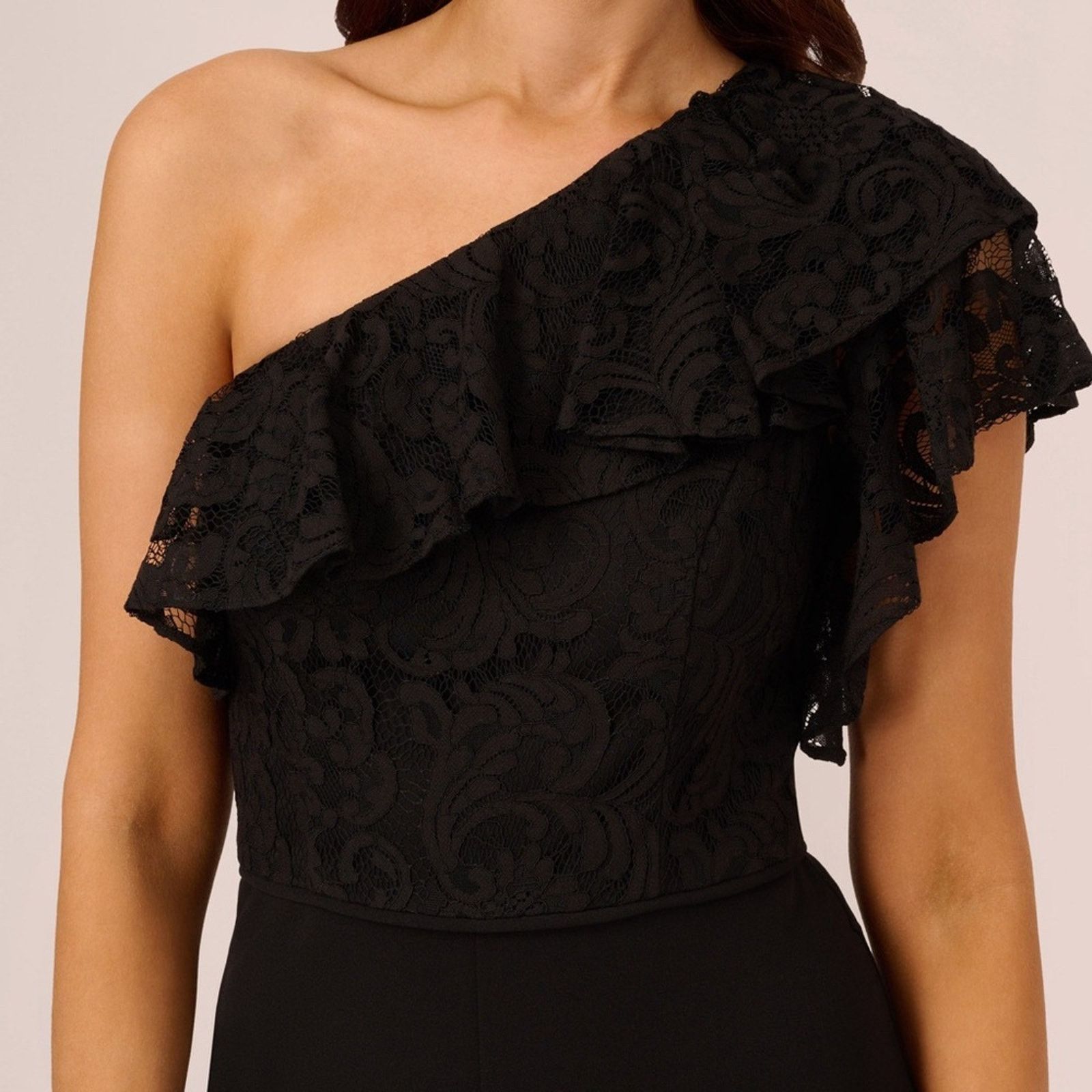 Adrianna Papell Adrianna Pappell 1 Shoulder Jumpsuit Lace Ruffle Black Sz 8 Size 30" / US 8 / IT 44 - 4 Thumbnail