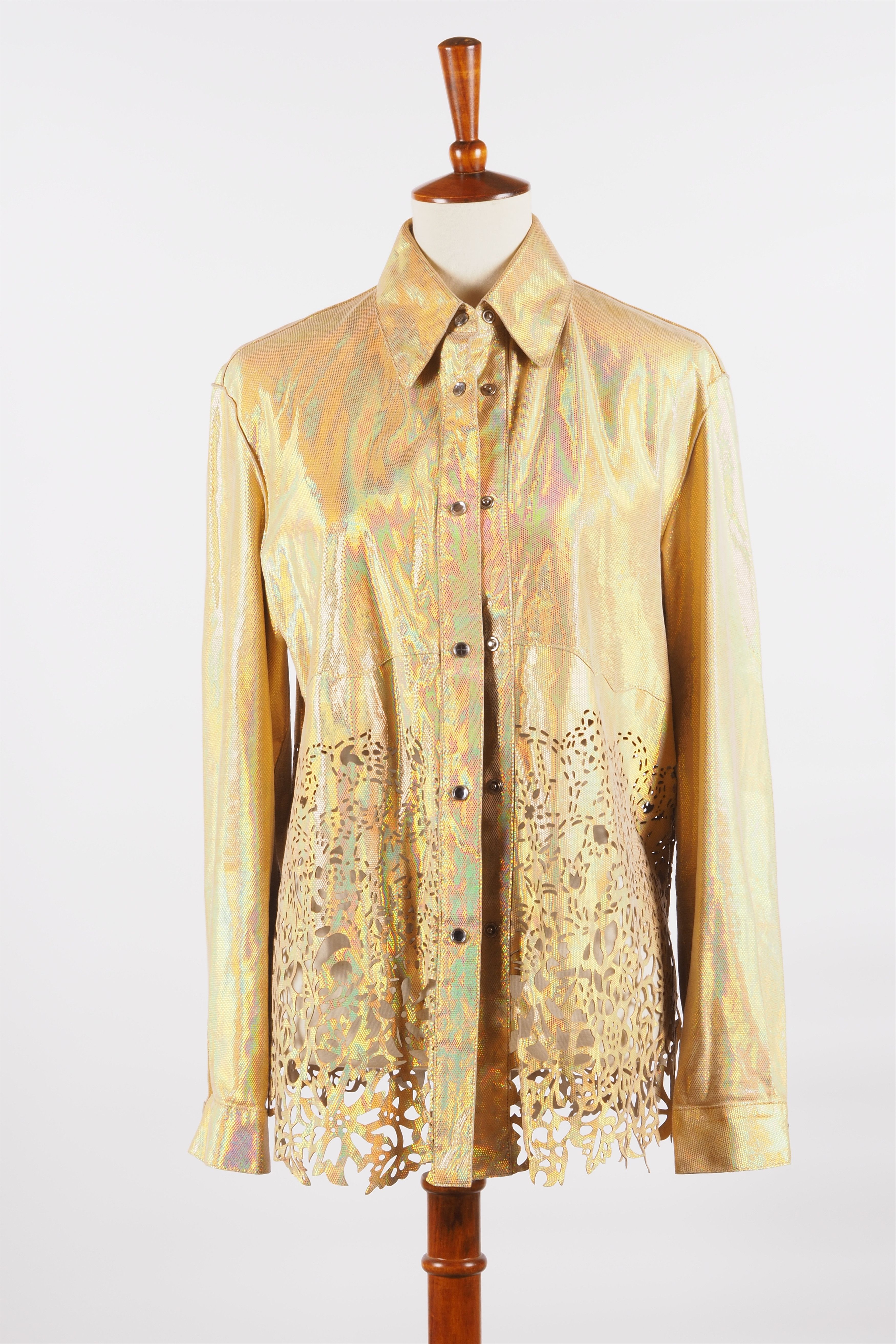 Roberto Cavalli × Vintage Roberto Cavalli Vintage Iridescent Leather Blouse Shirt Size L / US 10 / IT 46 - 6 Thumbnail