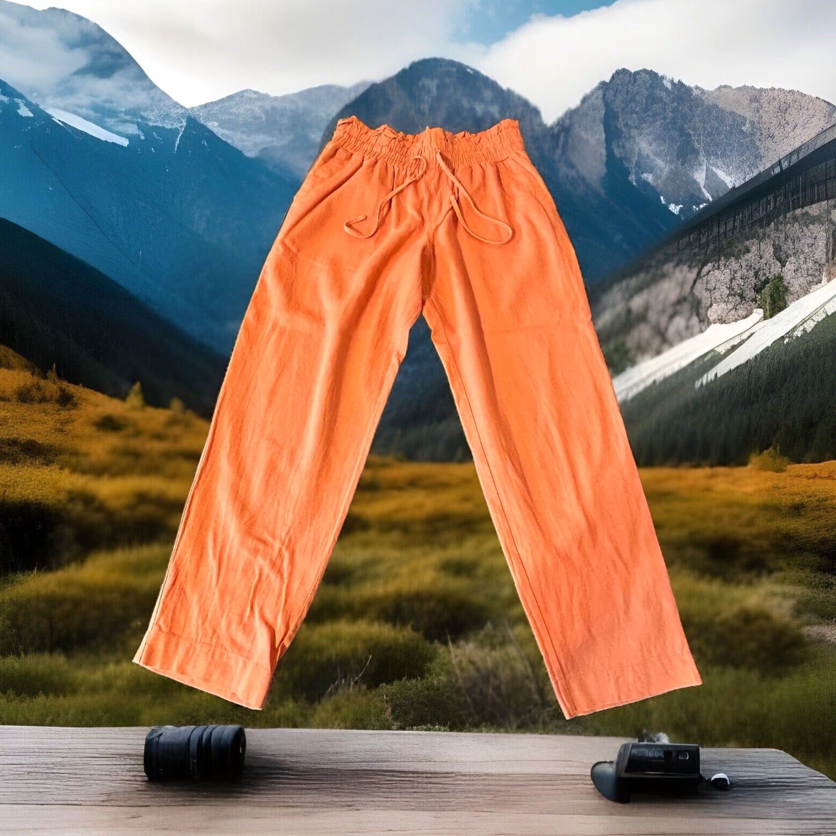 Vintage A New Day Linen Blend Pants Women M Orange Drawstring Pockets High Rise Flat Front Knit 26in Inseam 37in Seasonal Beach Bohemian 2021 Size 32" / US 10 / IT 46 - 4 Thumbnail