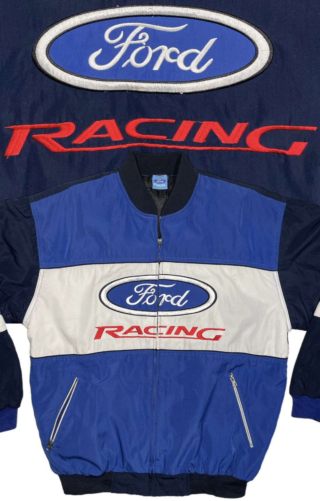 image of Vintage Classic Ford Racing Jacket Bomber Embroidery in Blue, Men's (Size XL)