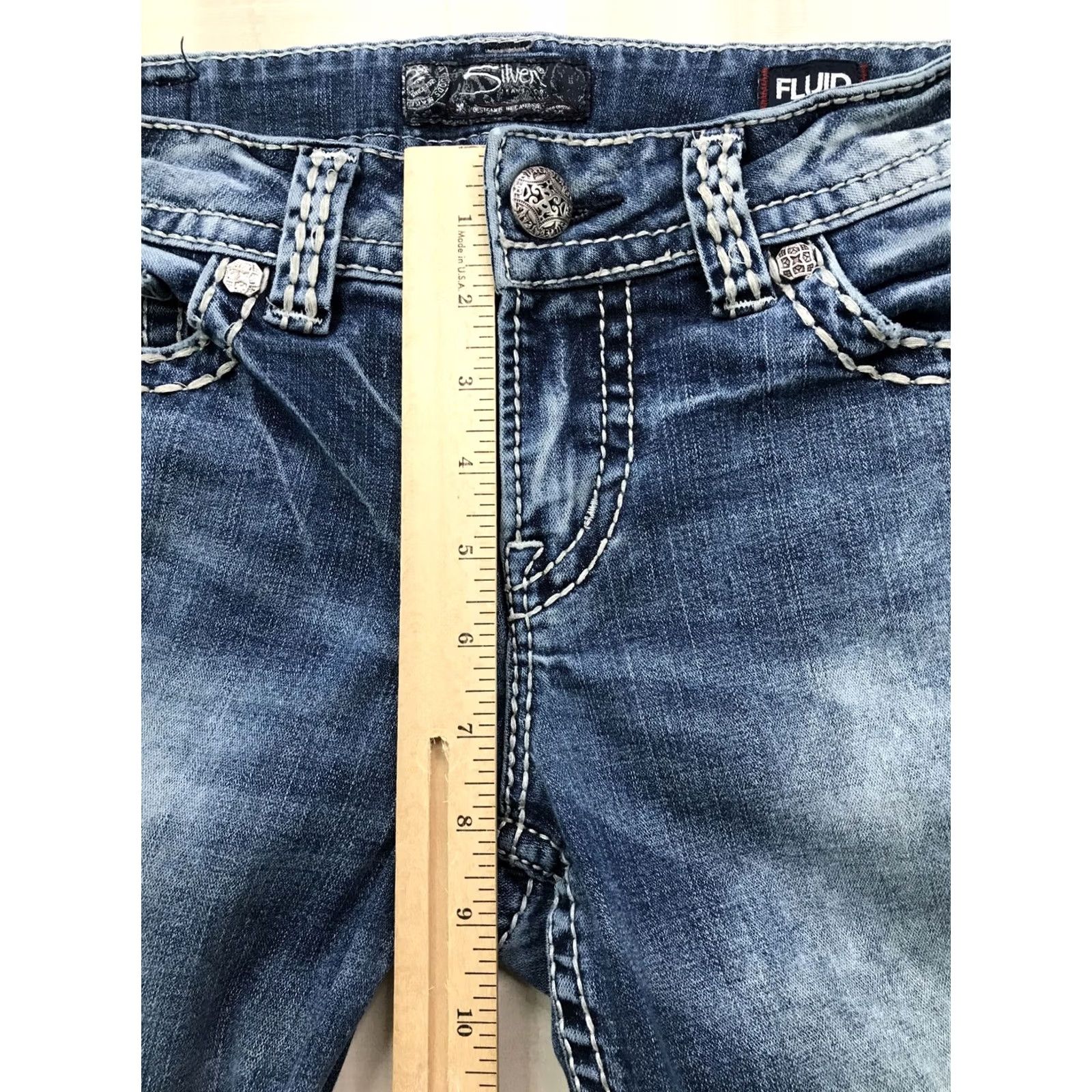 Silver Jeans Co. VINTAGE Silver Jeans Suki Embroidered Denim Jeans Bootscut Women 29x31 Blue Cotton Blend Pocket Distressed Mid Rise 8.5-10.5in Casual Mens? Size 29" - 4 Thumbnail