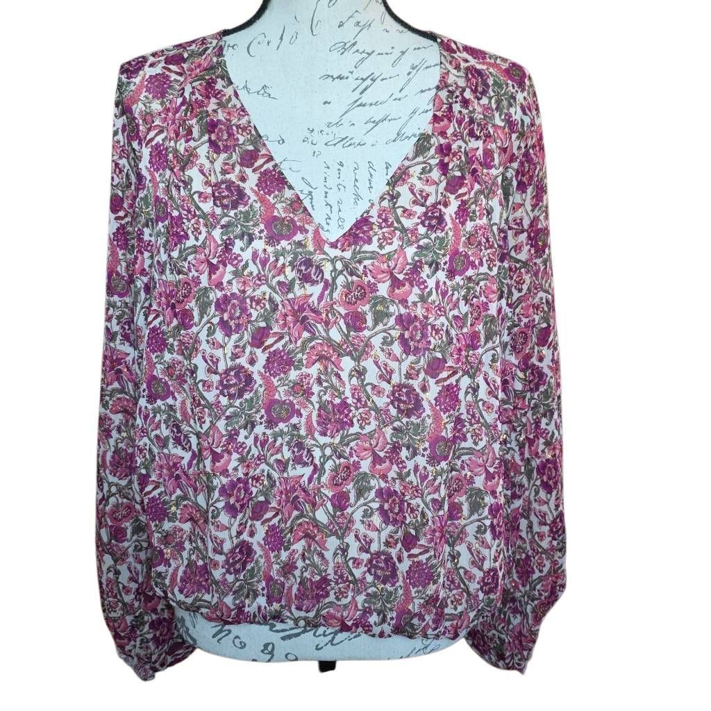 Express Express Women's Size Large Pink Floral Print V-neck Peasant Size L / US 10 / IT 46 - 1 Thumbnail