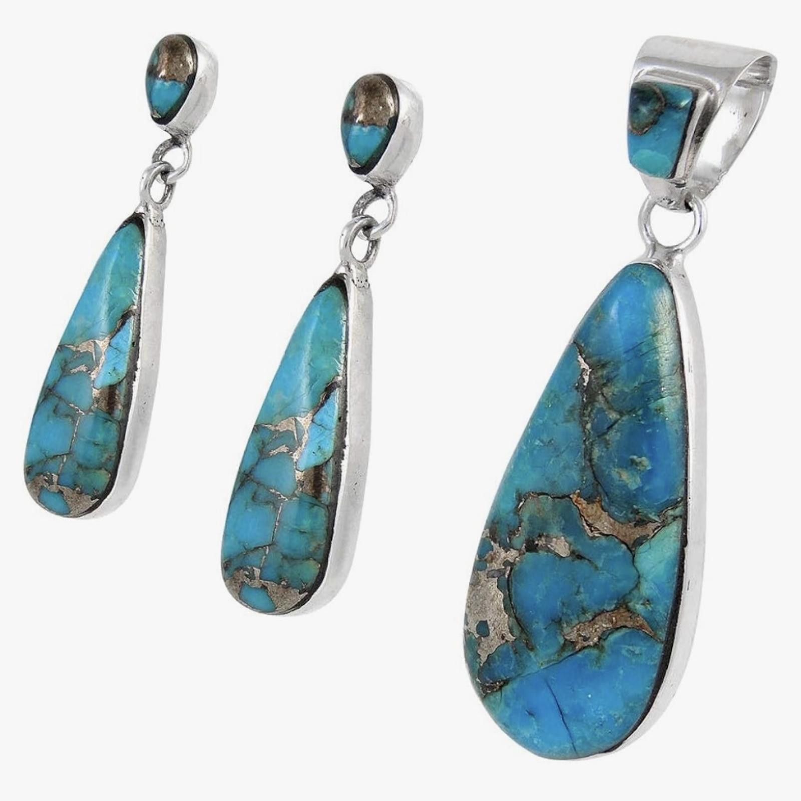 Designer Sterling Silver Genuine Turquoise Necklace and Earrings Set Size ONE SIZE - 1 Thumbnail
