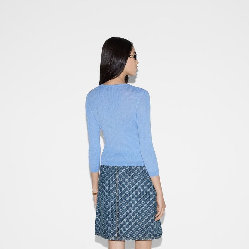 Gucci oc11z1125 Extra Fine Rib Wool and Silk Cardigan in Pale Blue Size S / US 4 / IT 40 - 6 Thumbnail