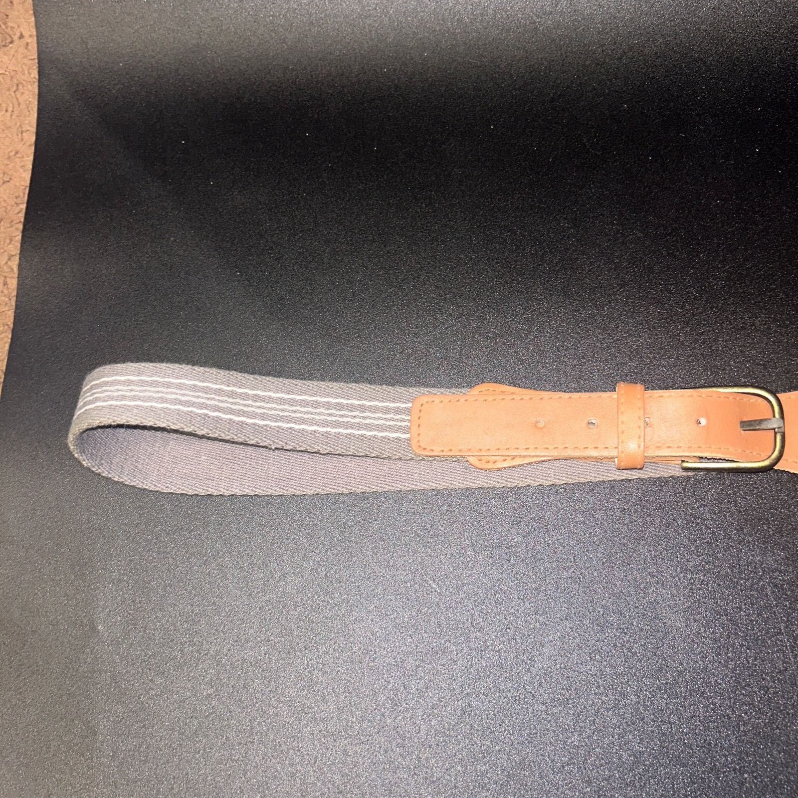 Other Gray Canvas Brown Genuine Leather Adjustable Belt Size 36 Size 36 - 3 Thumbnail
