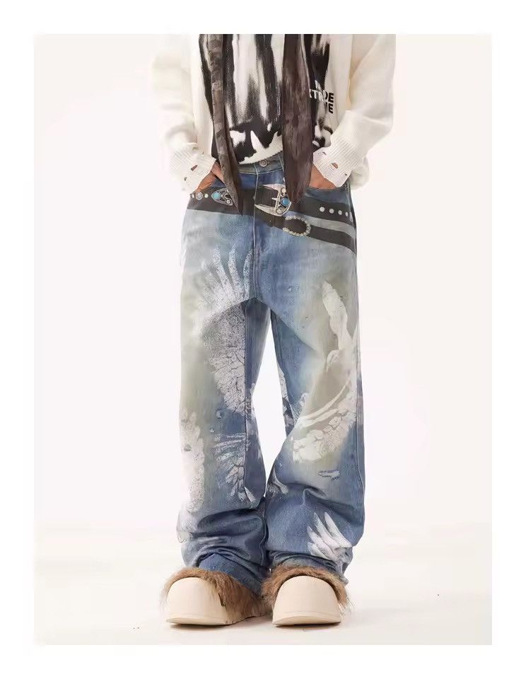 Jean Streetwear Baggy Loose Printed Washed Outdoor Jeans Pants Size US 31 - 9 Thumbnail