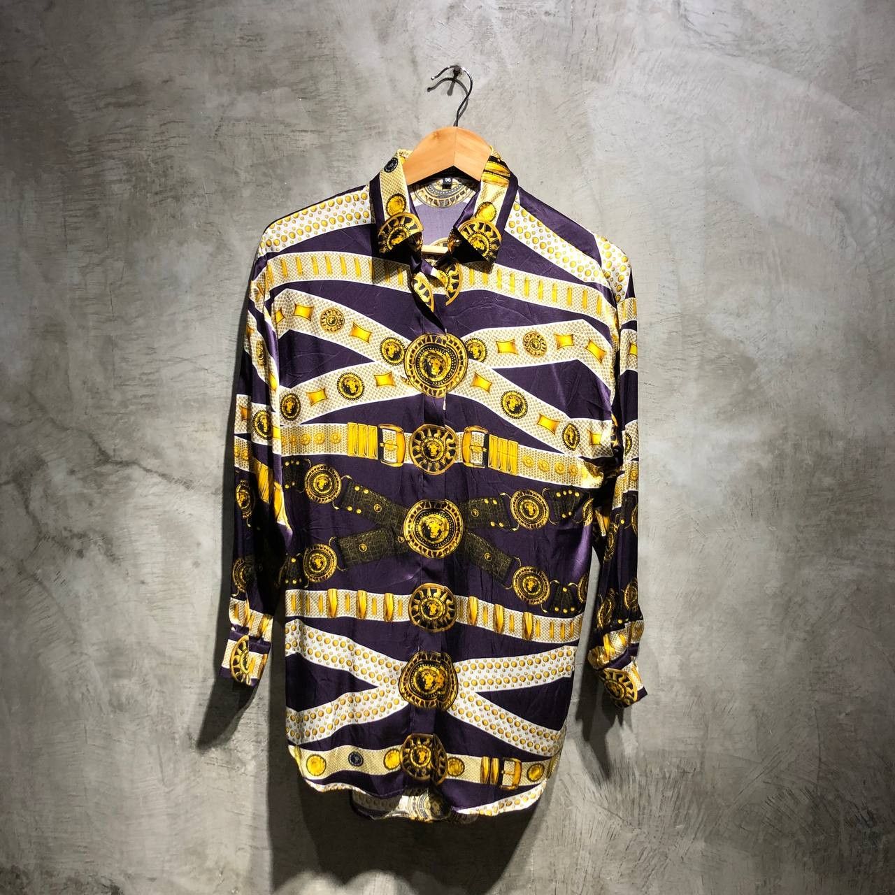 Image of Versus Versace Versace Versus Belt Pattern Silk Button Down Long Sleeves, Men's (Size Small)