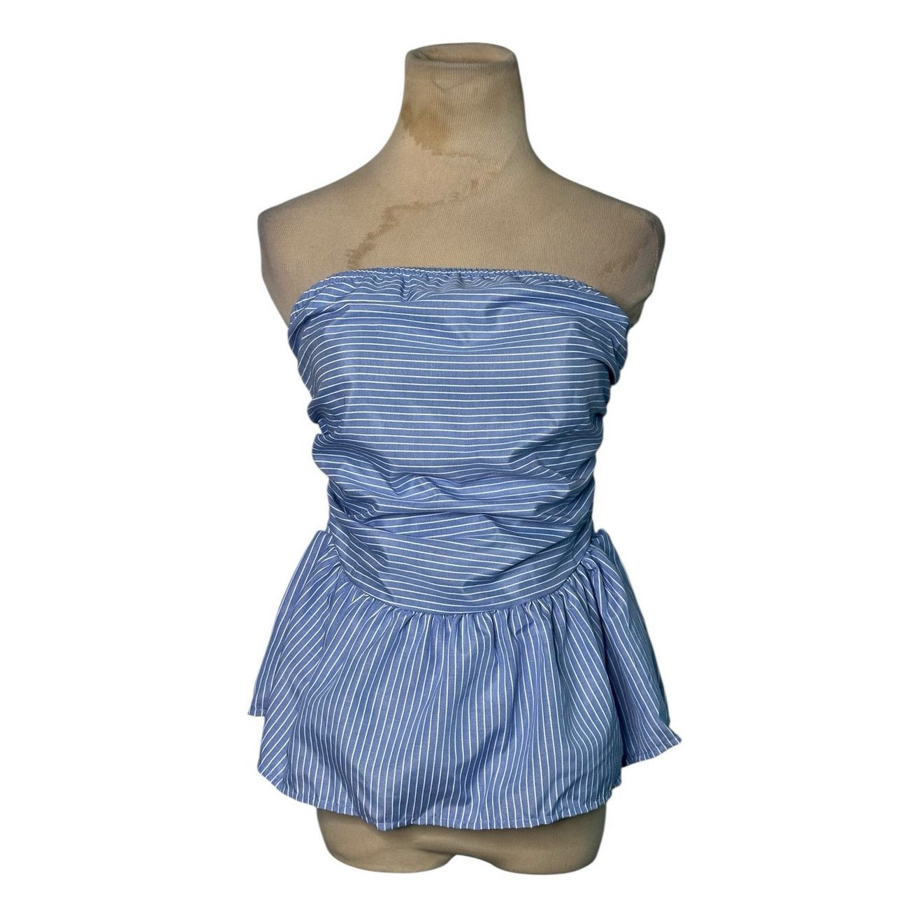 Shein Shein blue white pinstripes strapless peplum top size M Size M / US 6-8 / IT 42-44 - 1 Thumbnail