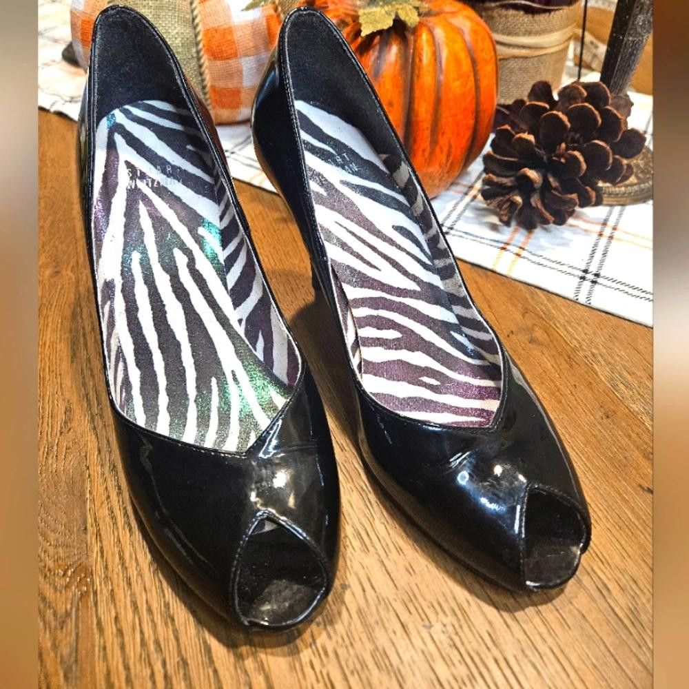 Stuart Weitzman Stylish Black Peep-Toe Heels with Zebra Print Insoles Size US 9 / IT 39 - 1 Thumbnail