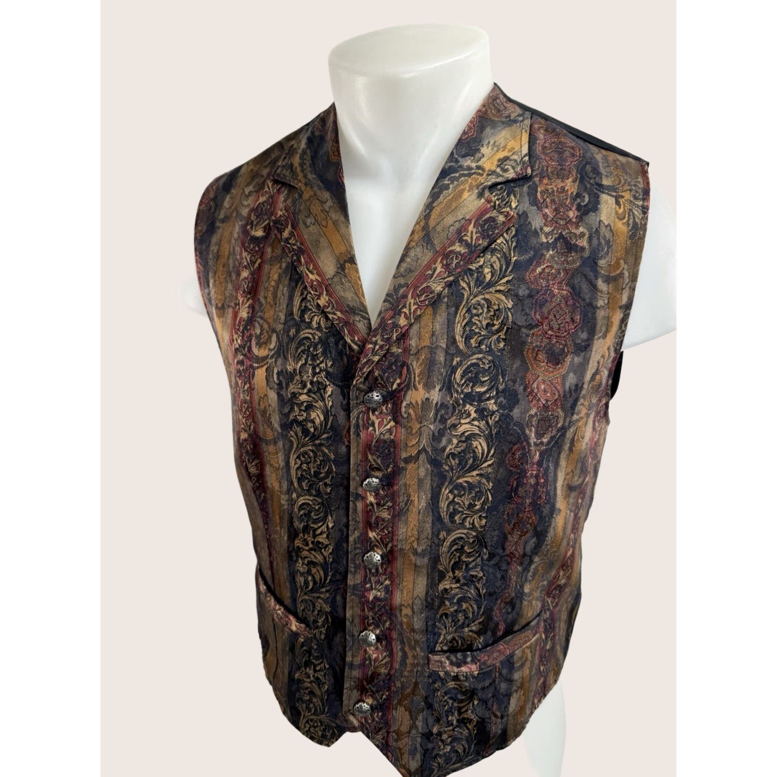 Vintage WAH MAKER Striped Paisley Floral Metal Button Western Shiny M Vest - EXCELLENT Size US M / EU 48-50 / 2 - 1 Thumbnail