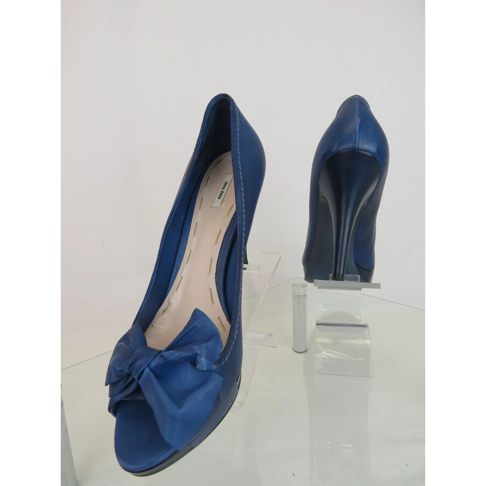 Miu Miu MIU MIU PRADA BLUE WASHED LEATHER BOW 5KP0 PLATFORM PUMPS 40 Size US 10 / IT 40 - 3 Thumbnail