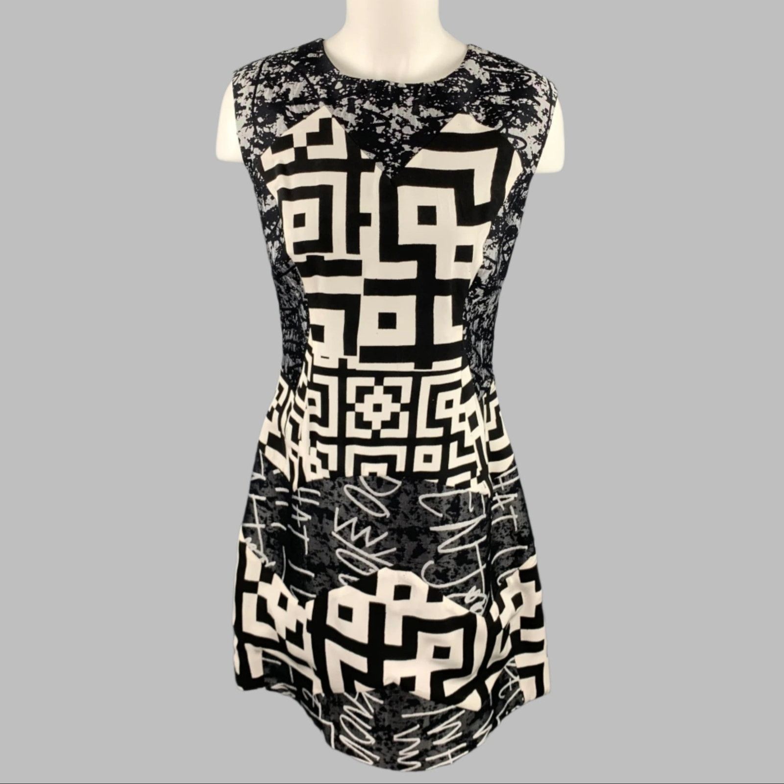 Other Size 10 Black White Wool Silk Abstract Shift Dress Size L / US 10 / IT 46 - 1 Thumbnail