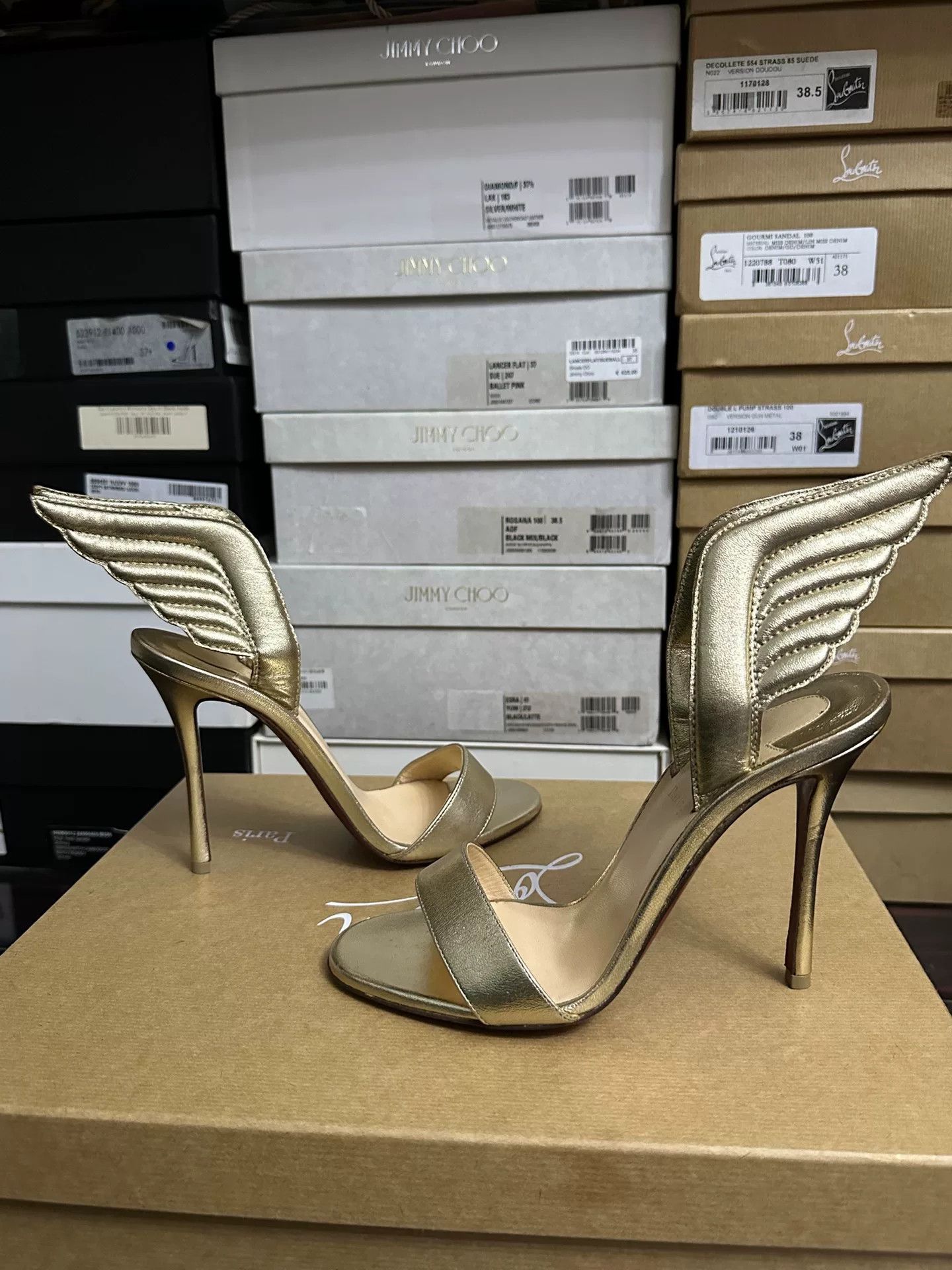 Christian Louboutin Christian Louboutin Gold Wing Heels Size US 8 / IT 38 - 1 Thumbnail