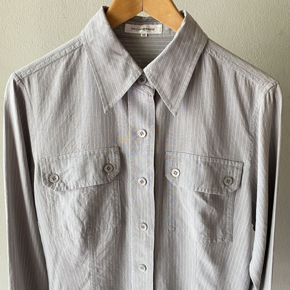 Yves Saint Laurent YVES SAINT LAURENT Light Gray Striped Pocket Shirt Size XS / US 0-2 / IT 36-38 - 4 Thumbnail