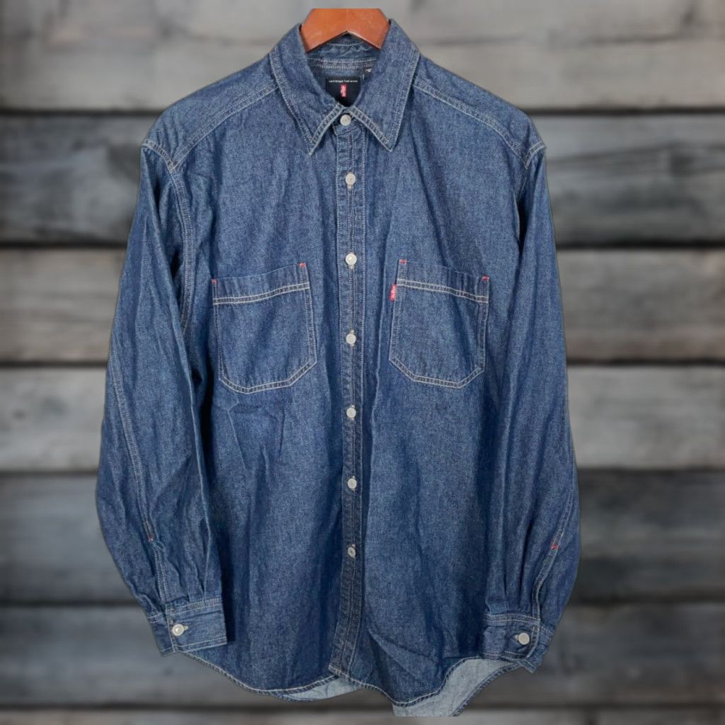 VINTAGE Levi's Denim Work Shirt Men Large Dark Blue Cotton Long
