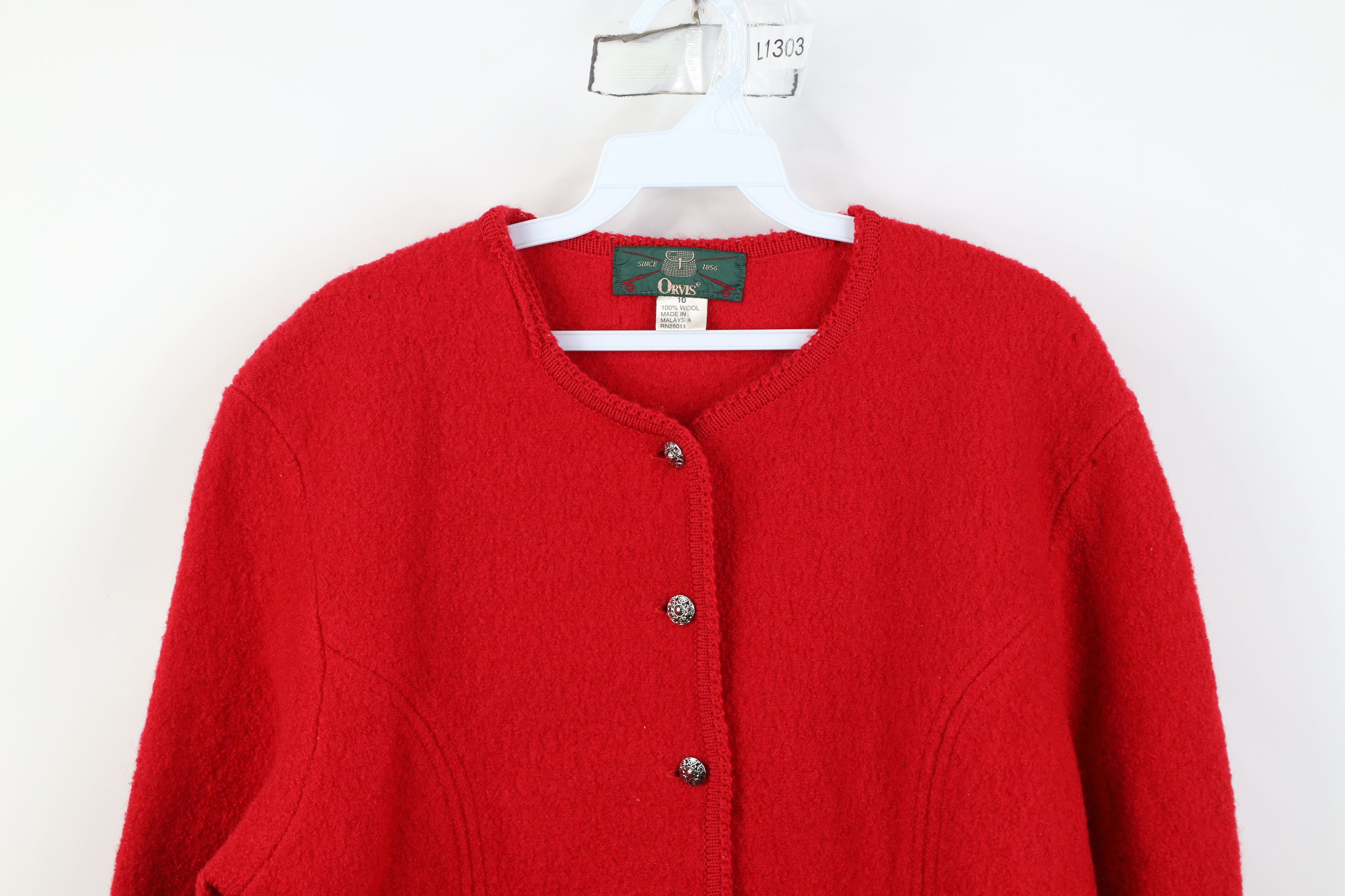 Orvis Vintage 90s Orvis Boiled Wool Cardigan Sweater Red Size L / US 10 / IT 46 - 2 Thumbnail