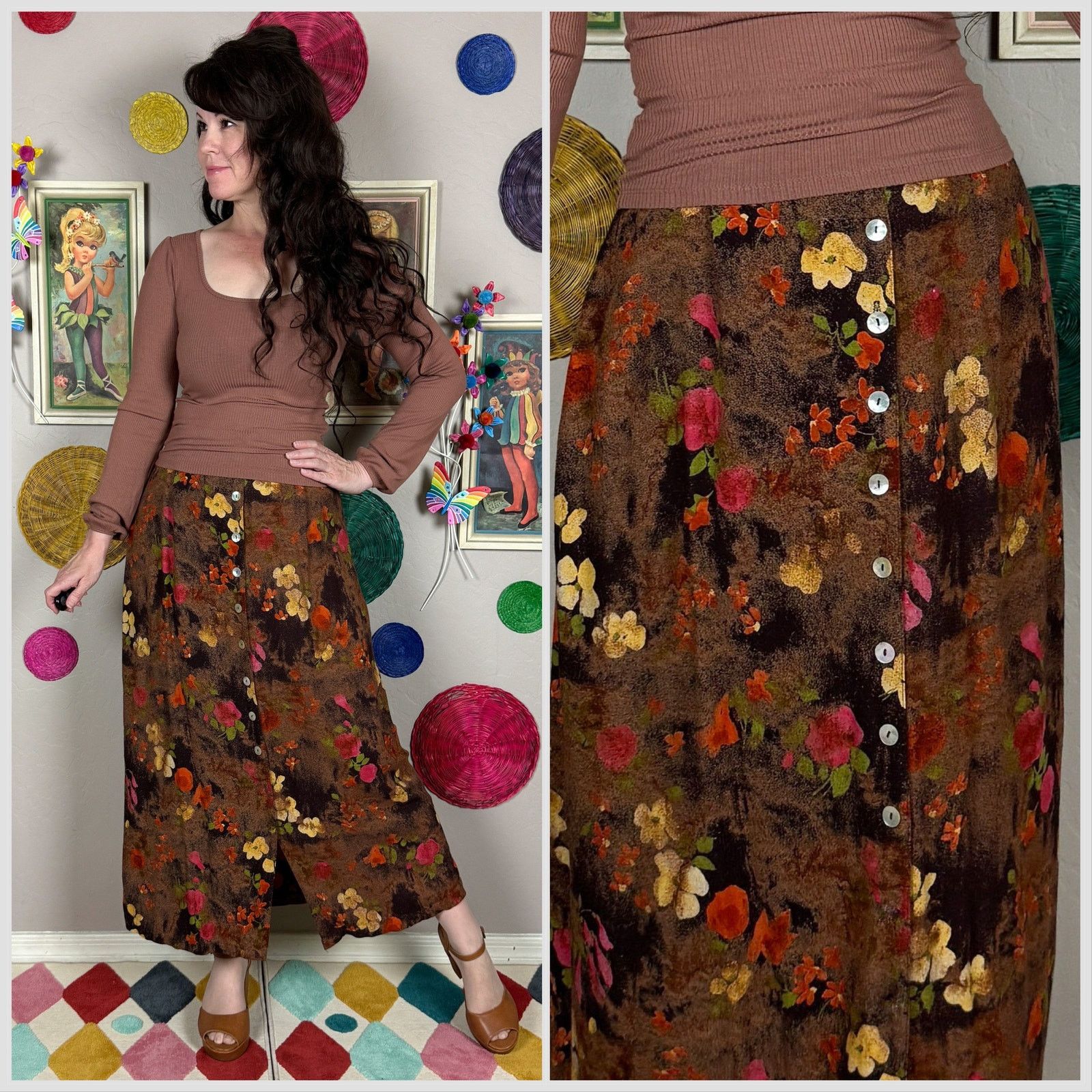 Vintage Vintage 1990s Autumnal Floral Button Front Midi Skirt Size 30" / US 8 / IT 44 - 1 Thumbnail
