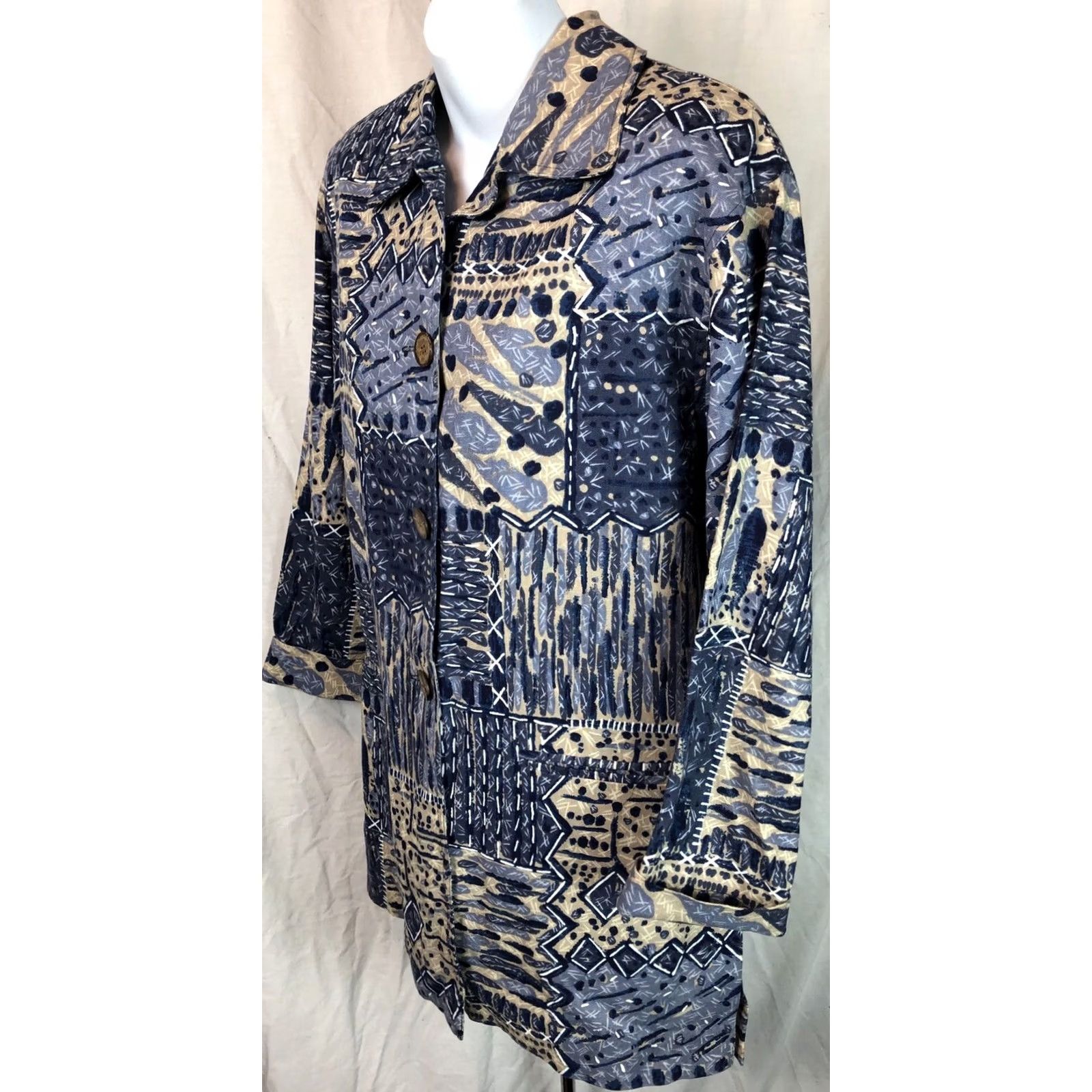 Vintage Rafaella Linen Blouse 8 Blue/beige Longline Long Sleeves Abstract Artsy Boho Size M / US 6-8 / IT 42-44 - 2 Thumbnail