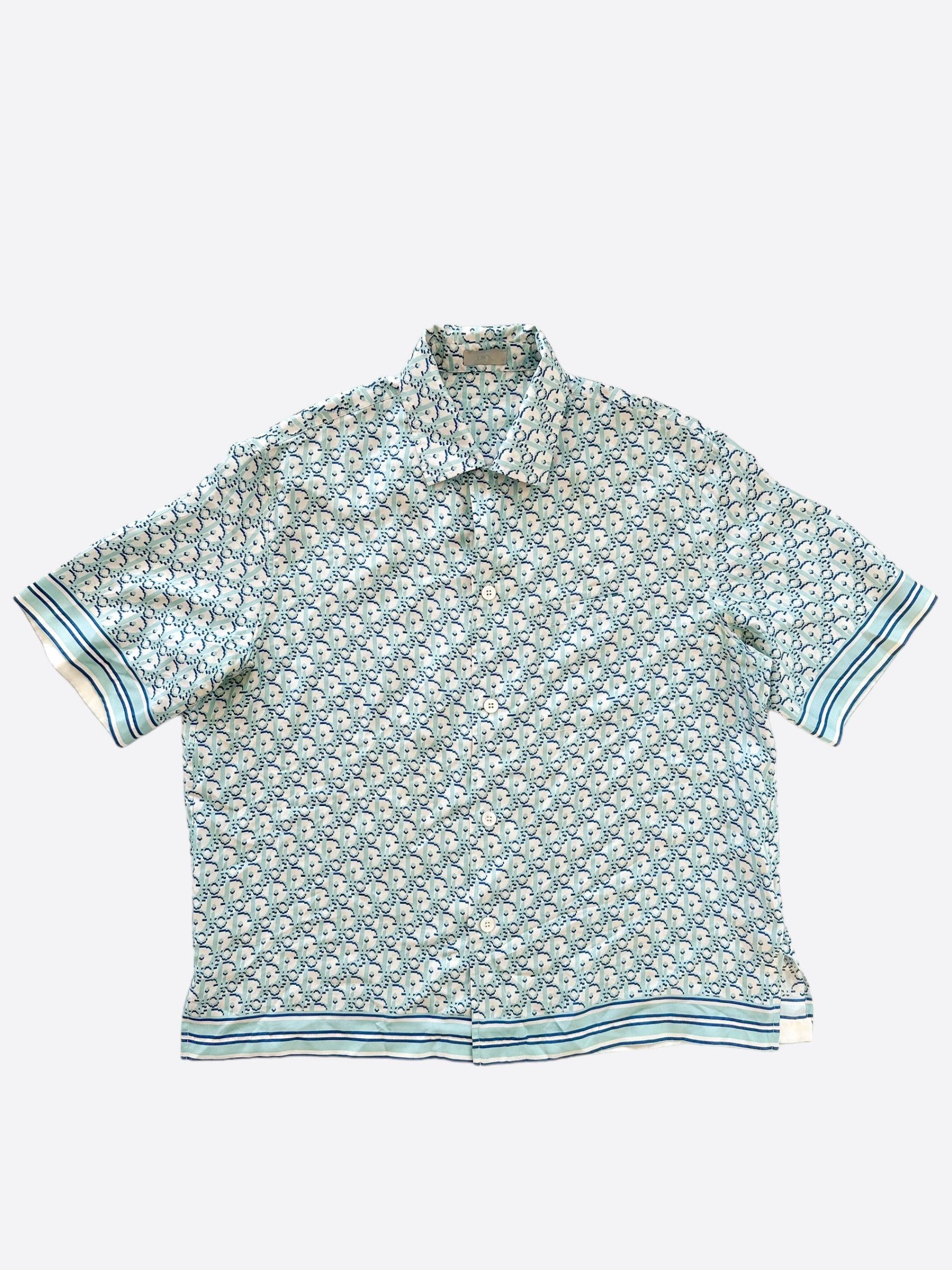 image of Dior Light Blue Pixel Oblique Silk Button Up Shirt, Men's (Size XL)