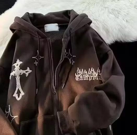 image of Vintage Gothic Cross Graphic Embroidered Zipup Hoodie in Brown, Men's (Size Large)