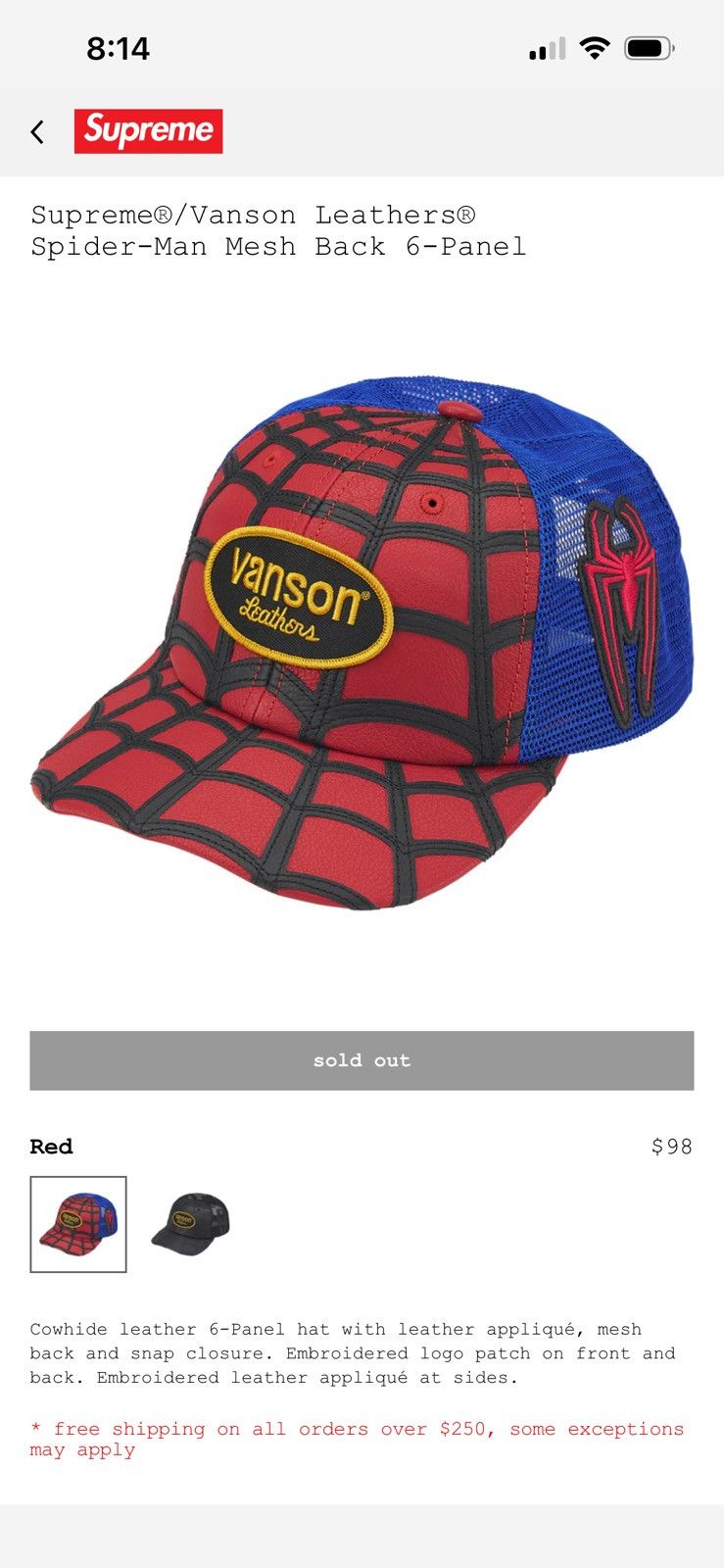 Supreme × Vanson Leathers Supreme Spiderman Vanson Hat | Grailed