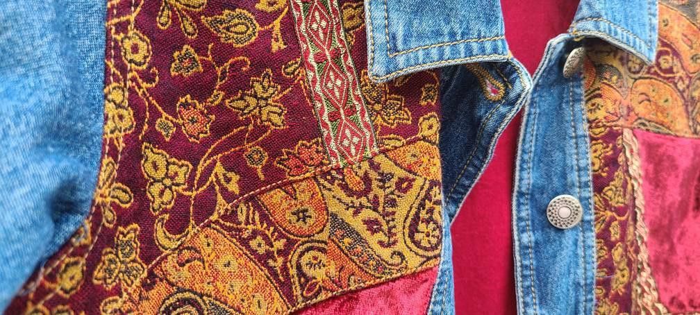 Designer 90s Vintage Denim Jean Jacket with Patchwork Size S / US 4 / IT 40 - 3 Thumbnail