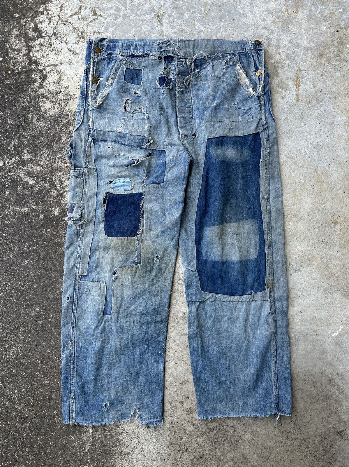 Vintage 50s Trashed Union Selvedge Key Denim patchwork farmer bib Size US 37 - 2 Thumbnail