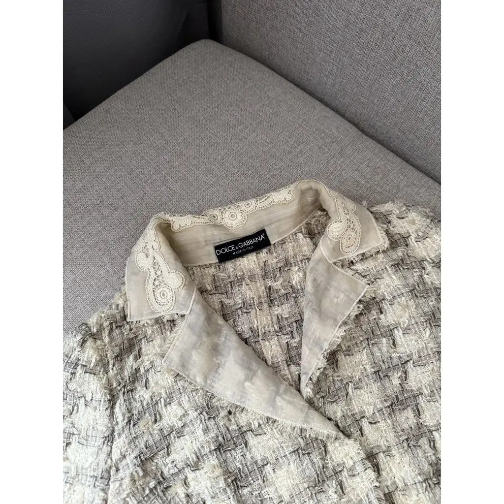 Dolce & Gabbana Dolce & Gabbana Vintage Beige Tweed Blazer Lace Collar IT40 Size S / US 4 / IT 40 - 3 Thumbnail