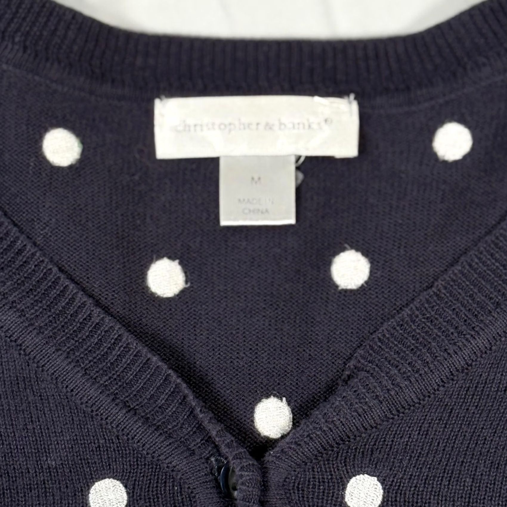 Vintage Christopher & Banks Sweater Cardigan Womens Medium Navy Polka Dot Embroidered Knit V-Neck Raglan Sleeve Button Front Size M / US 6-8 / IT 42-44 - 2 Thumbnail