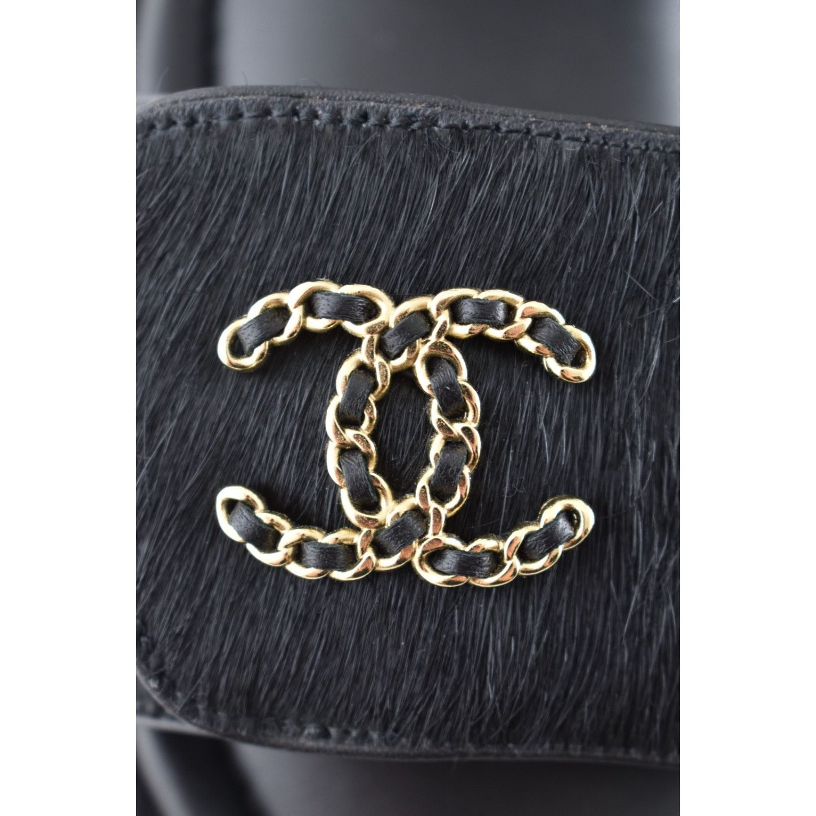Chanel Chanel 24B Black Calf Hair Gold CC Logo Flat Dad Sandal 36 Size US 5 / IT 35 - 10 Thumbnail