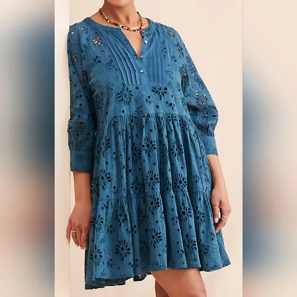 Anthropologie dRA Yara Teal 1/2 Button 3/4 Sleeve Eyelet Dress Boho Comfy Size XS / US 0-2 / IT 36-38 - 4 Thumbnail